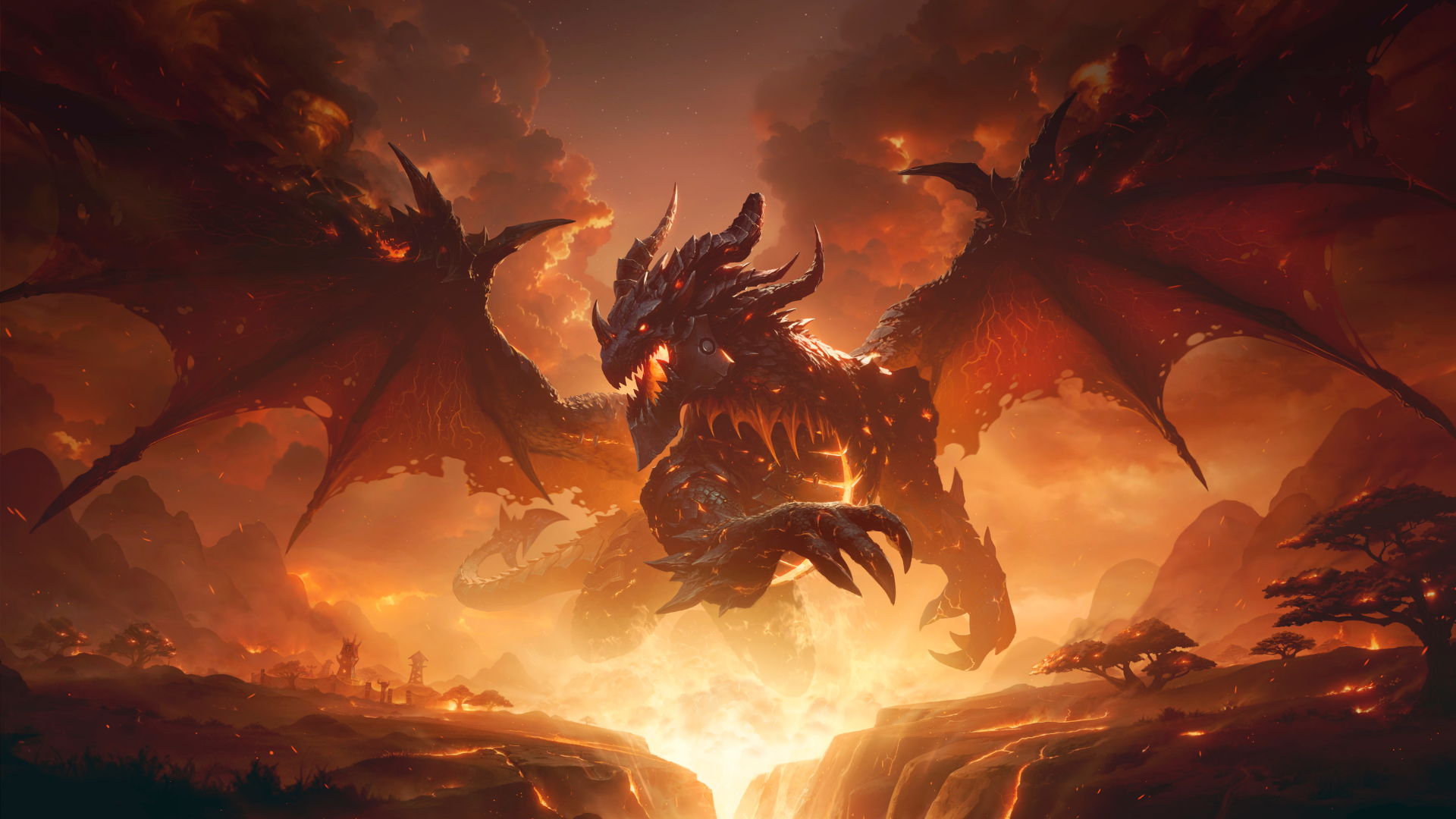 World of Warcraft Classic key art for the Cataclysm expansion, showing the Dragon Aspect Deathwing bringing an apocalypse of flame to the world of Azeroth