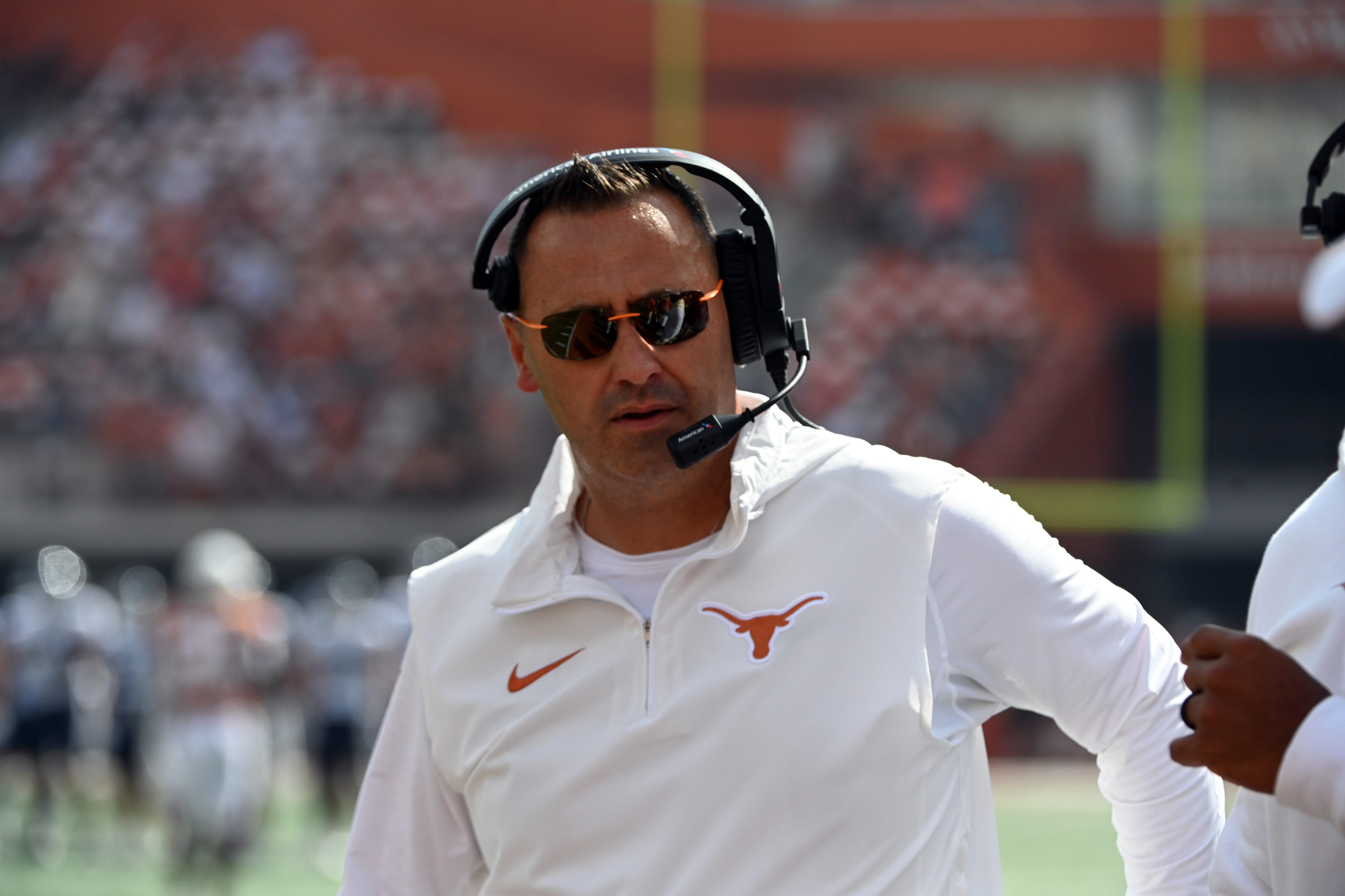 AUSTIN, TX - OCTOBER 28: Texas Longhorns head coach Steve Sarkisian during the college football game between the Brigham Young Cougars and the Texas Longhorns on October 28, 2023, at Darrell K Royal-Texas Memorial Stadium in Austin, TX.