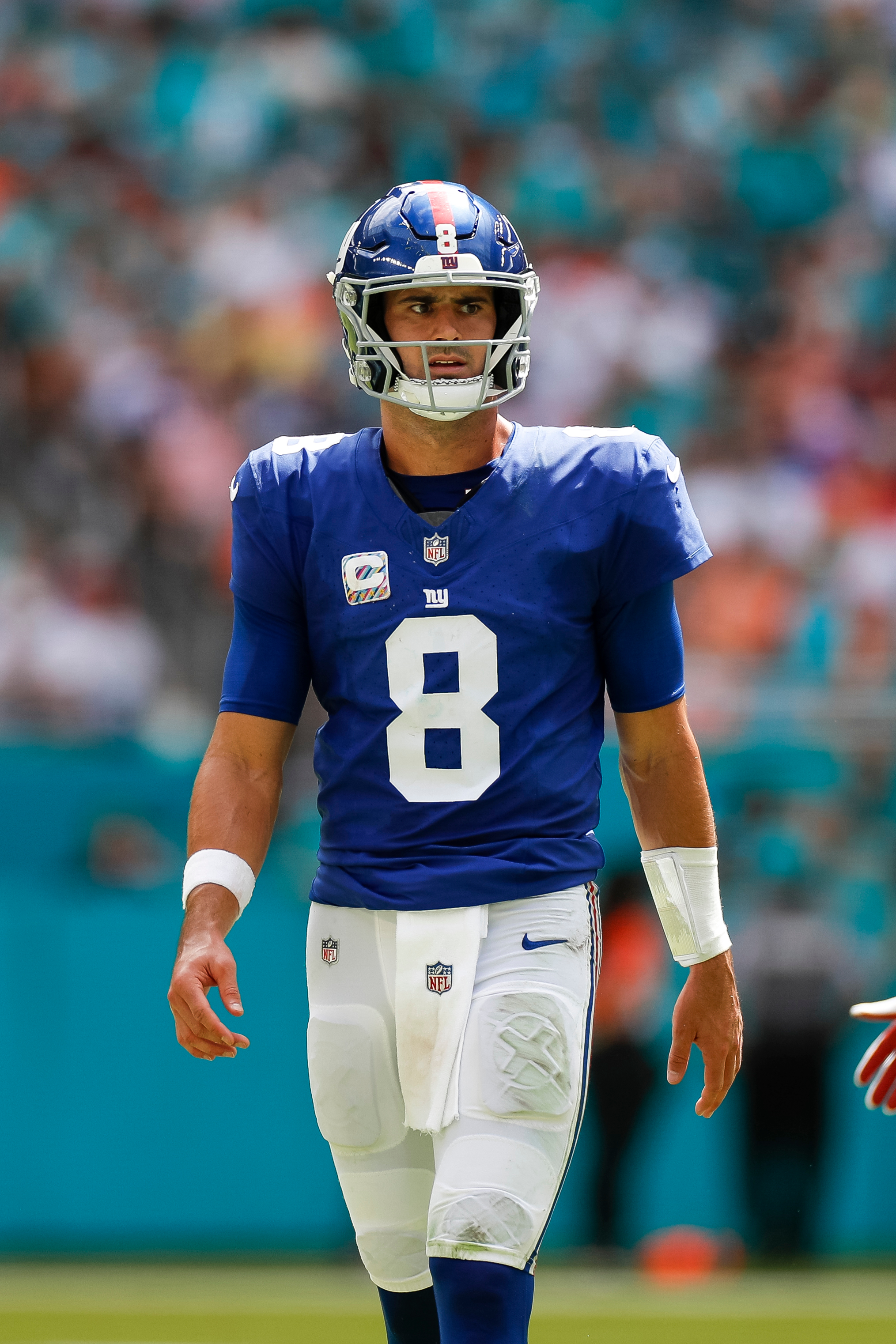 Daniel Jones #8 of the New York Giants looks on against the Miami Dolphins in the first half at Hard Rock Stadium on October 8, 2023 in Miami Gardens, Florida.