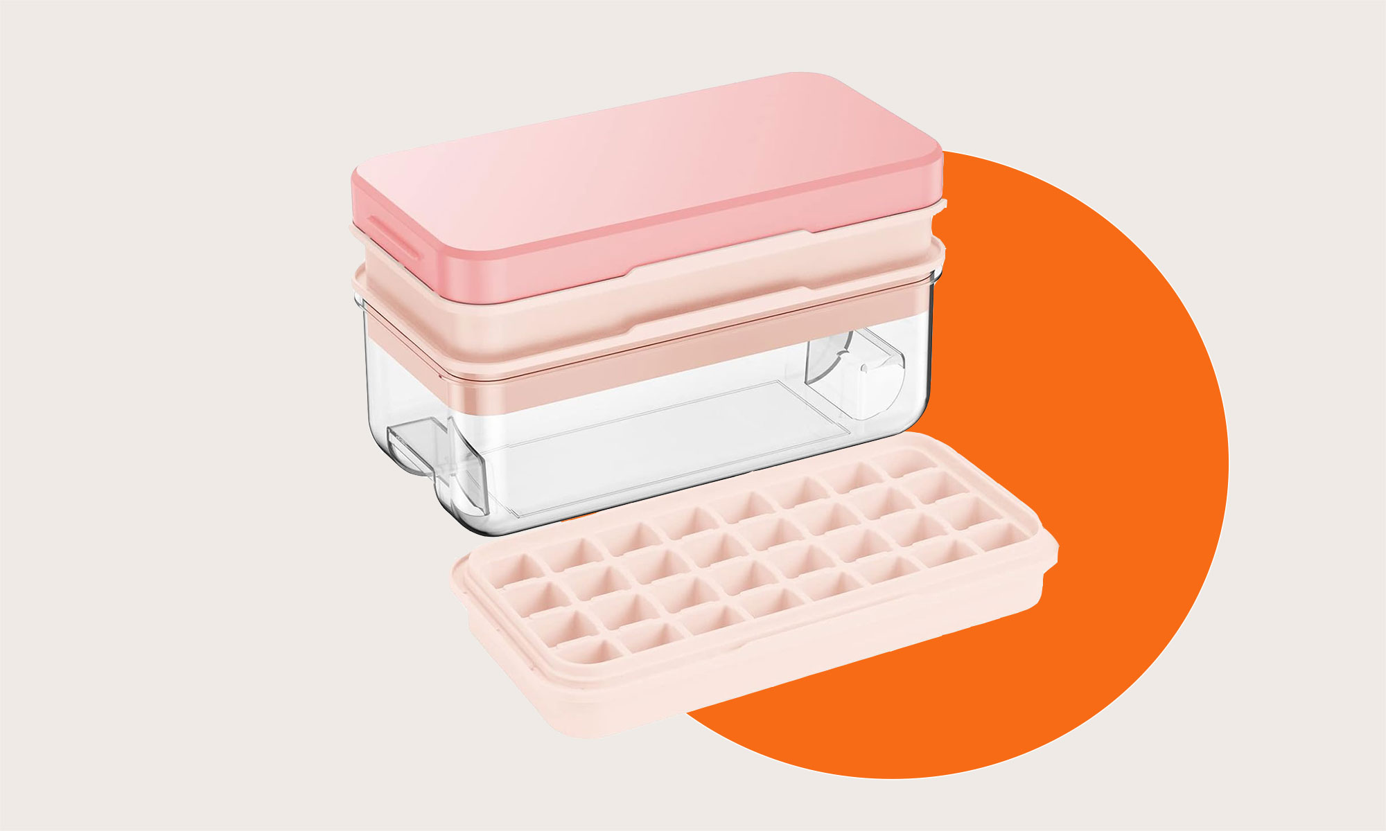 An plastic bin with pink lid and separate ice cube tray