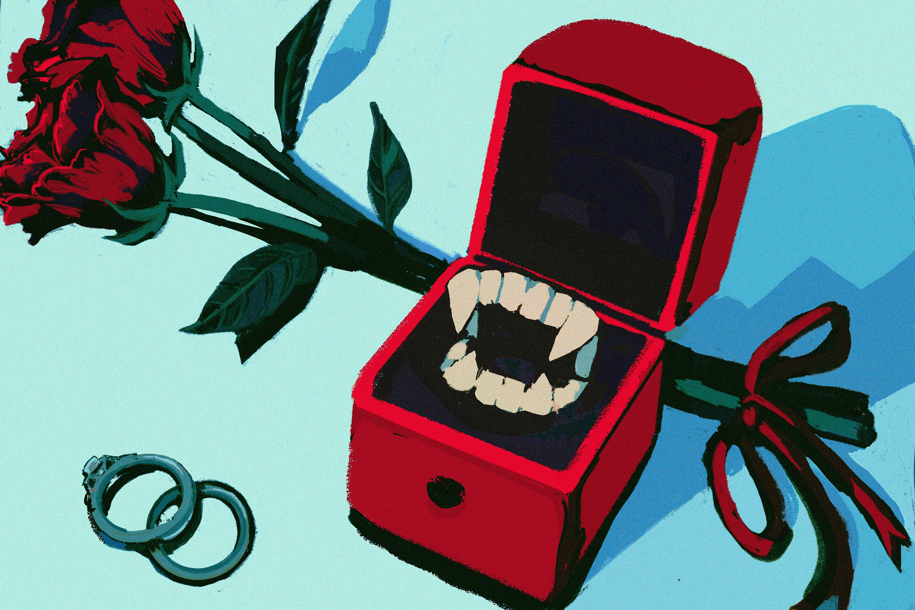 An original illustration shows vampire fangs inside a red wedding ring box, with two roses on the side.
