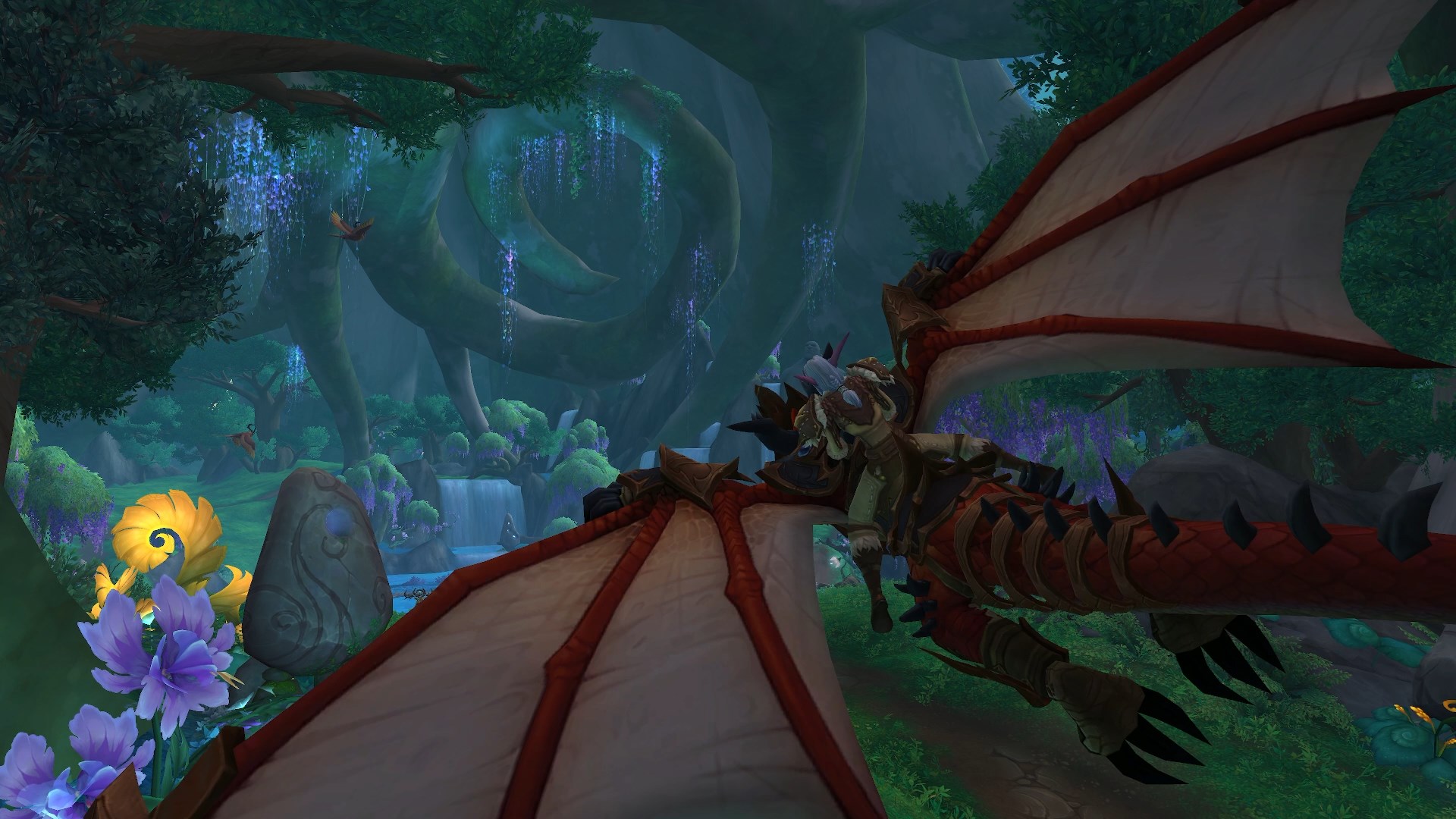 A player in World of Warcraft flies their dragon over the sights of the Emerald Dream in the Dragonflight patch Guardians of the Dream.