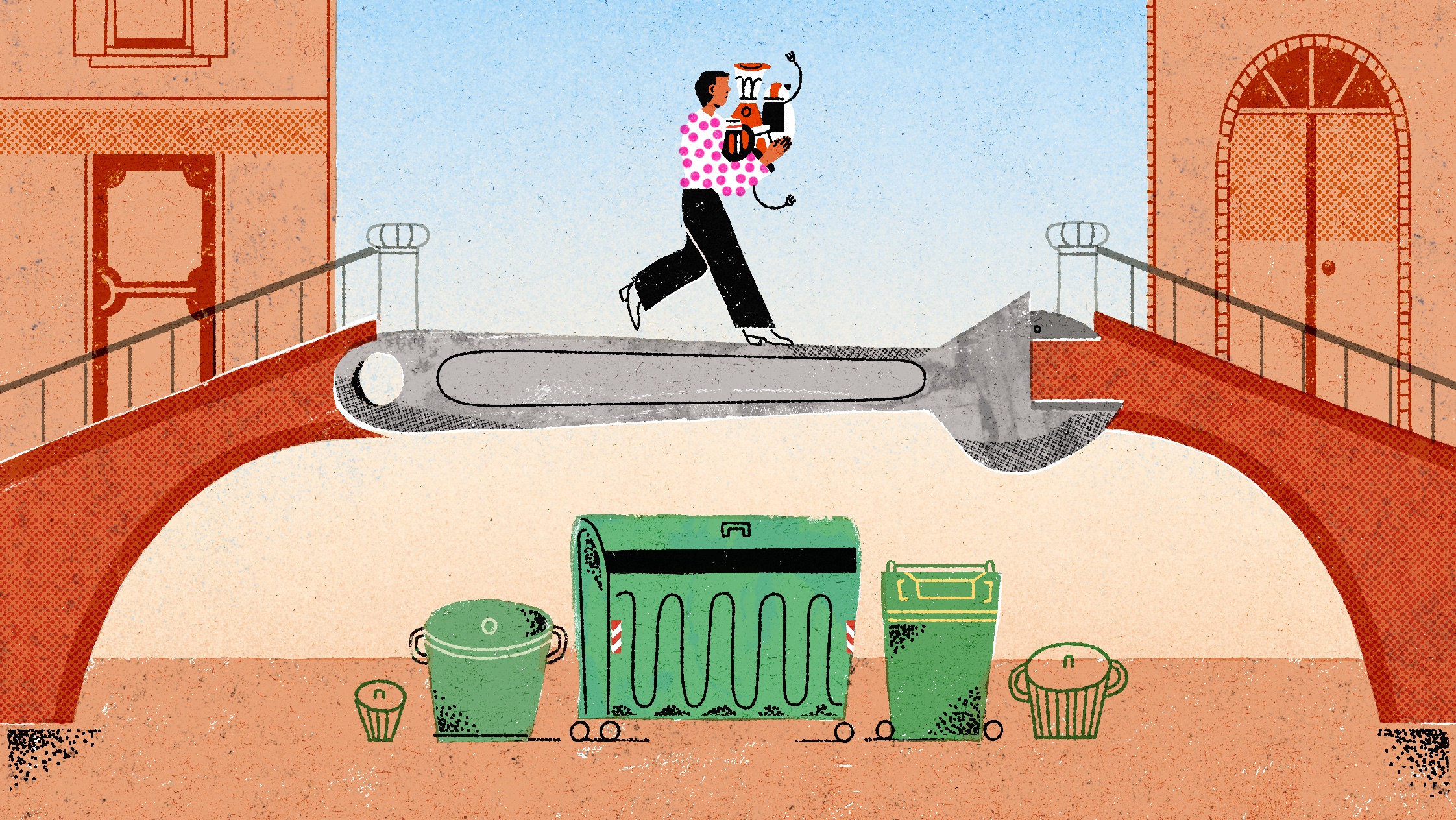 A colorful illustration shows a person carrying an armful of kitchen appliances over a wrench-shaped bridge between two buildings. Underneath the bridge are trash cans and a green dumpster. 