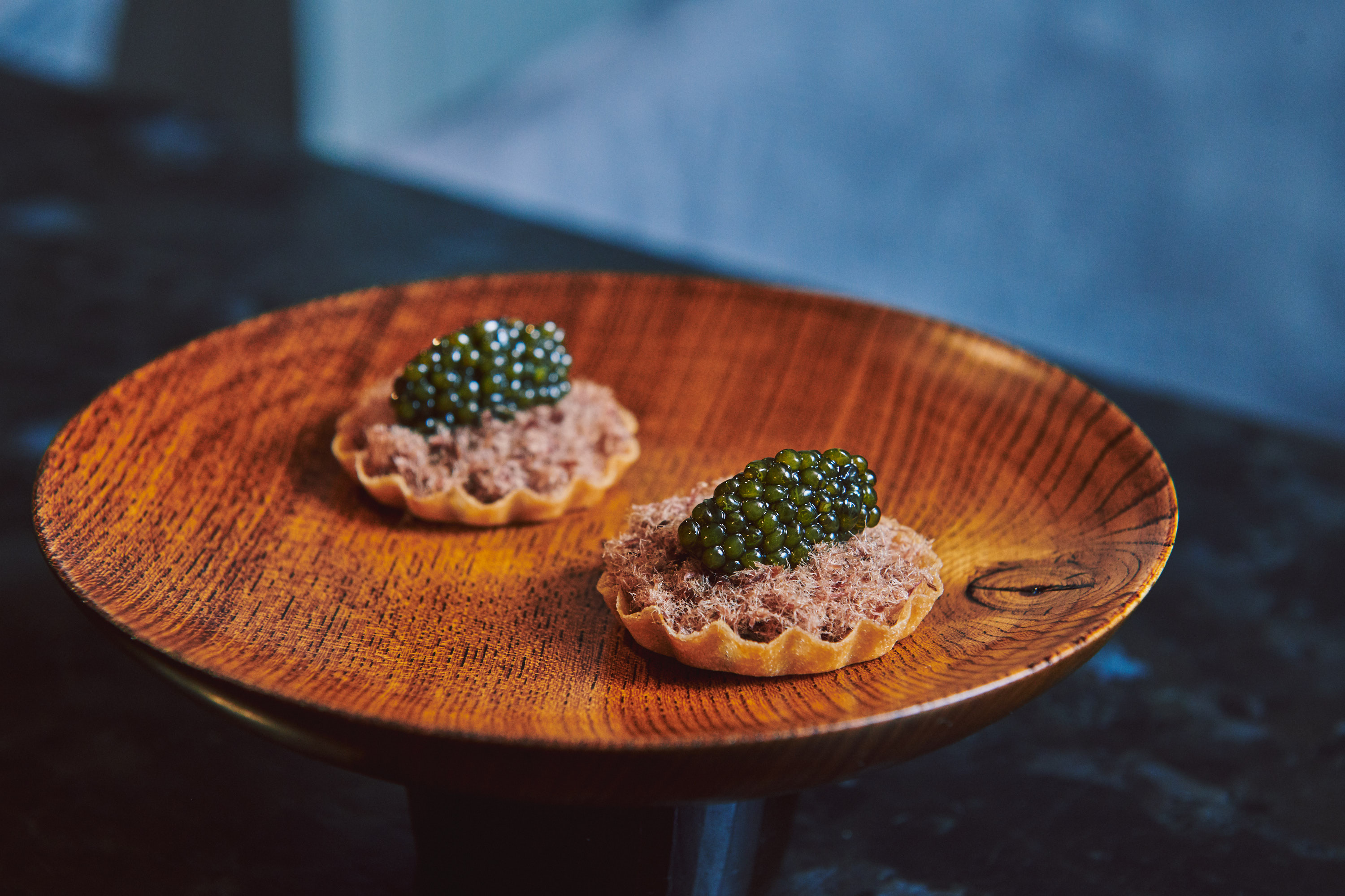 Caviar and dried shredded beef tartlets at Atomix