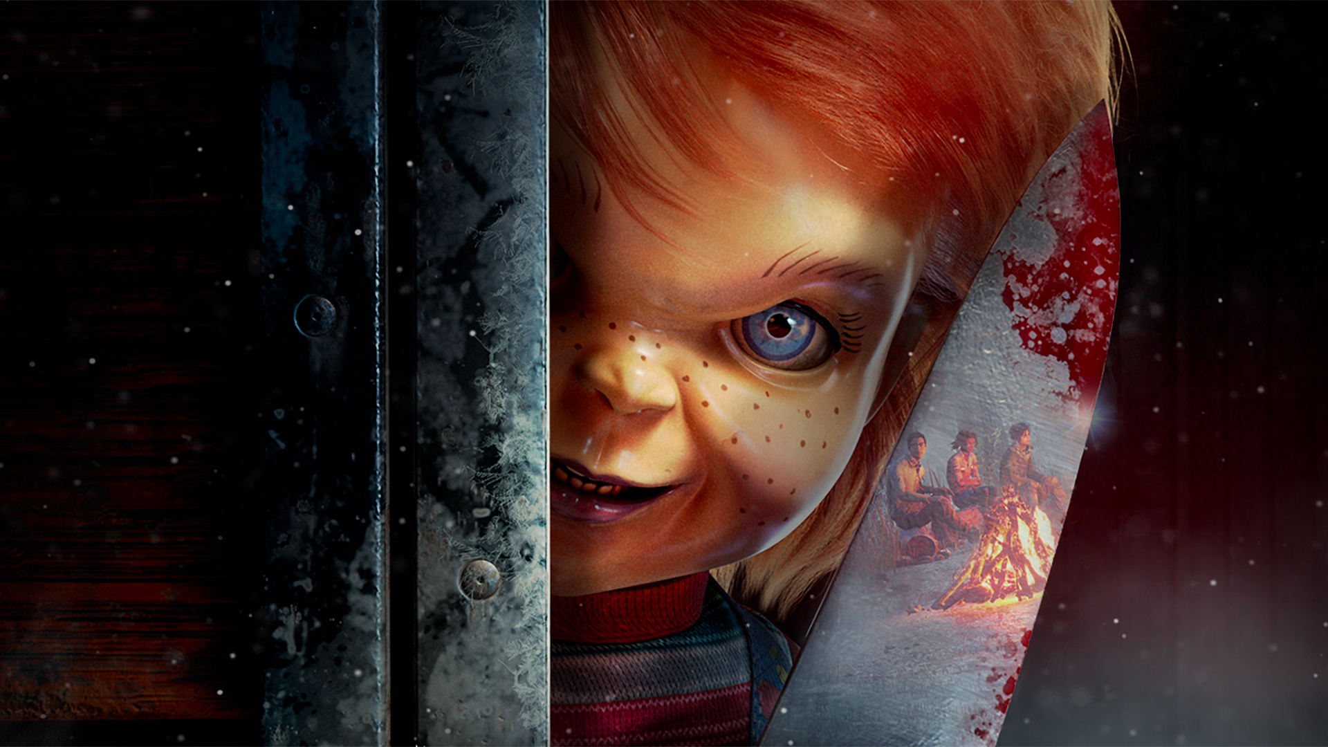 Artwork of Chucky peeking around a door and wielding a knife that is reflecting Dead by Daylight survivors huddled around a campfire