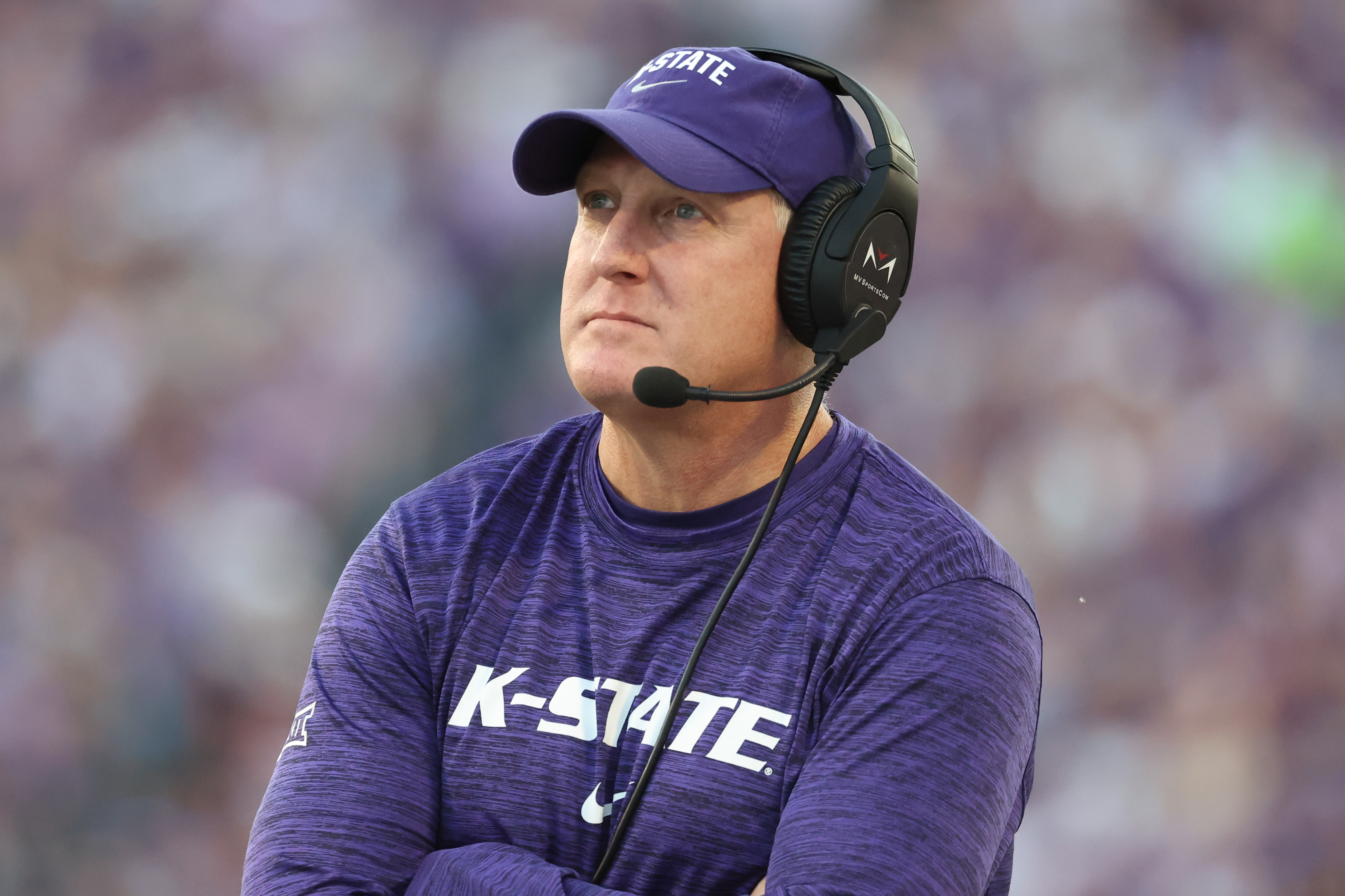 MANHATTAN, KS - OCTOBER 21: Kansas State Wildcats head coach Chris Klieman during a Big 12 college football game between the TCU Horned Frogs and Kansas State Wildcats on Oct 21, 2023 at Bill Snyder Family Stadium in Manhattan, KS.