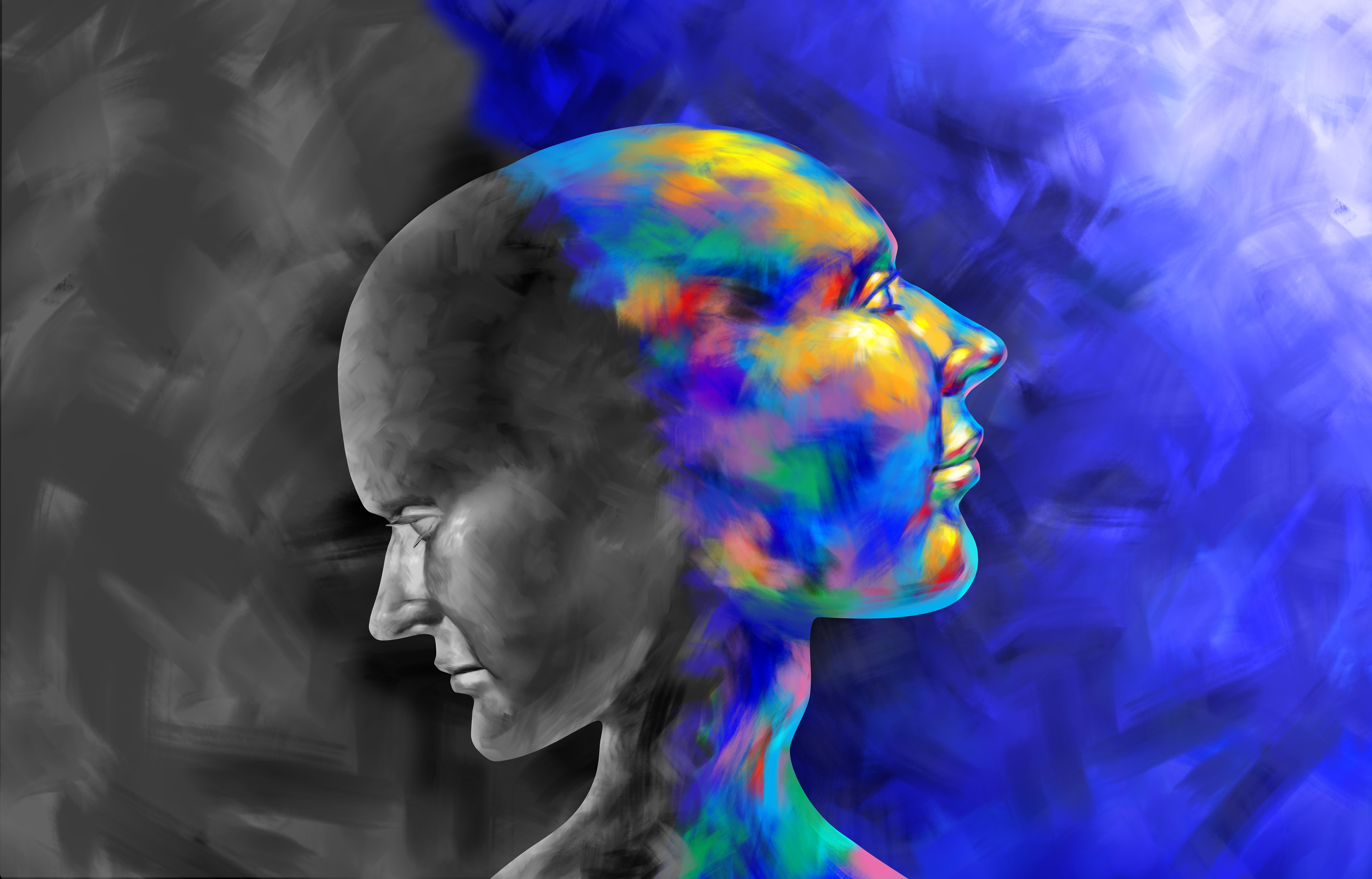 A head with two faces looking in different directions, one looking upward in a pleasing psychedelic array of colors, another looking down, in a darker, gloomier direction.