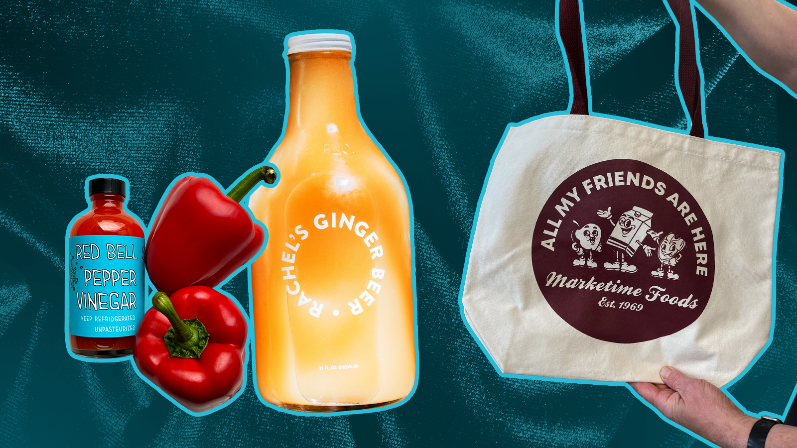 A collage of a red pepper vinegar, a growler of ginger beer, and a tote bag.