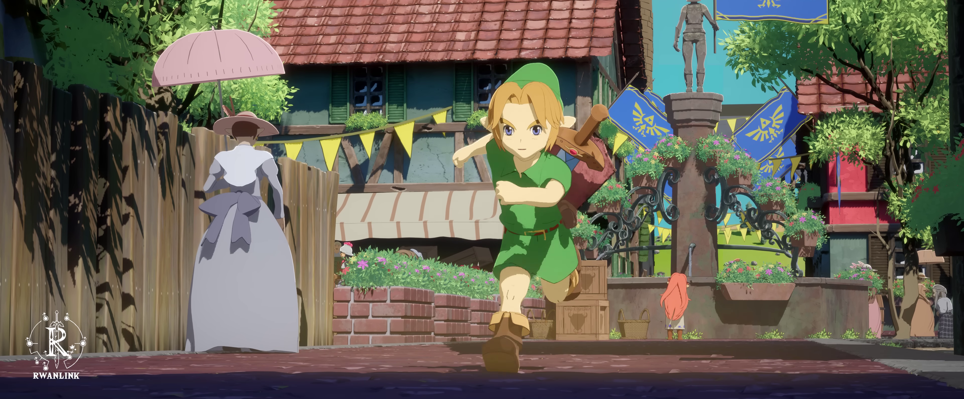 An image of Link running through a town square in a fan-made YouTube animation. 