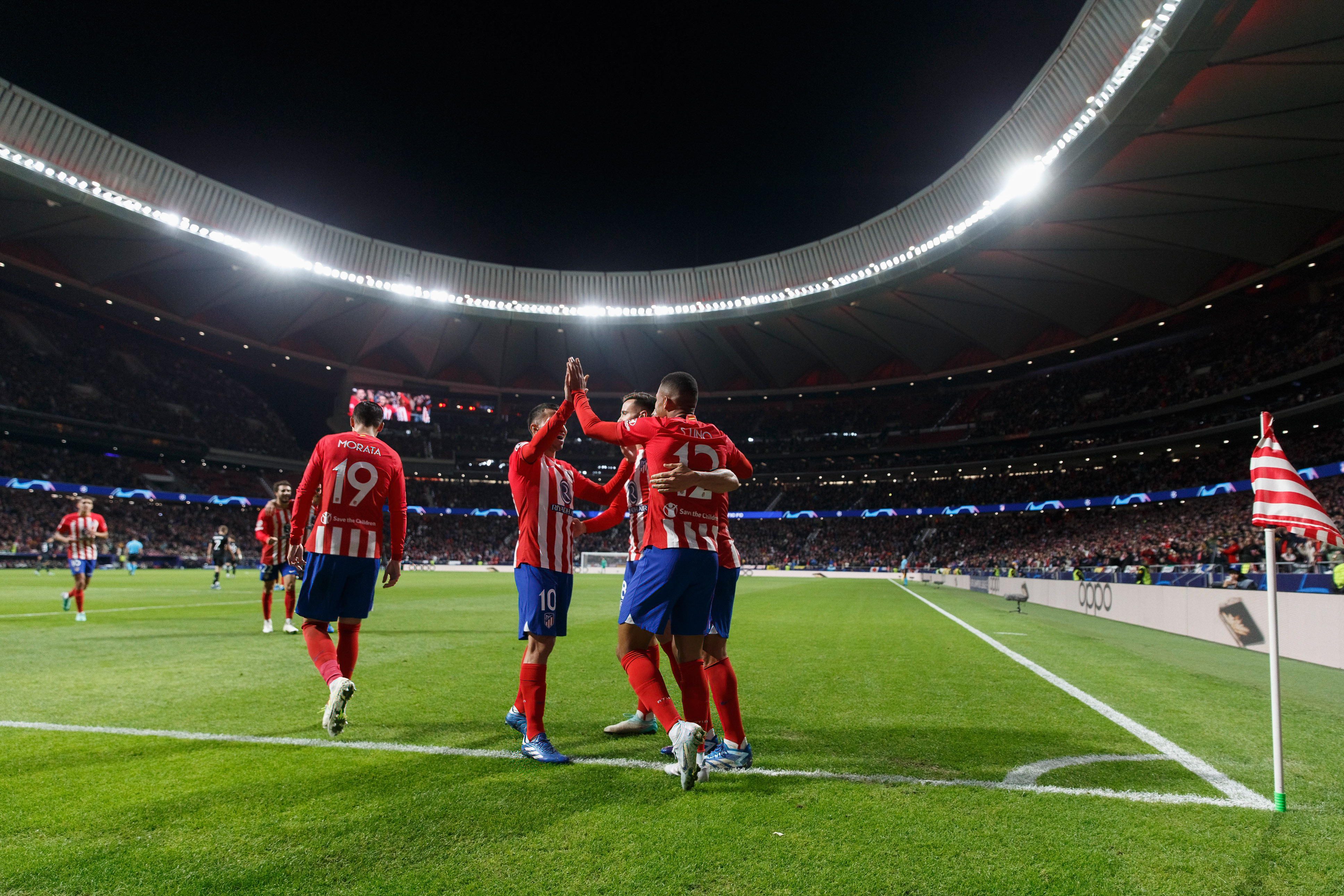 Atletico de Madrid players celebrate after scoring a goal...