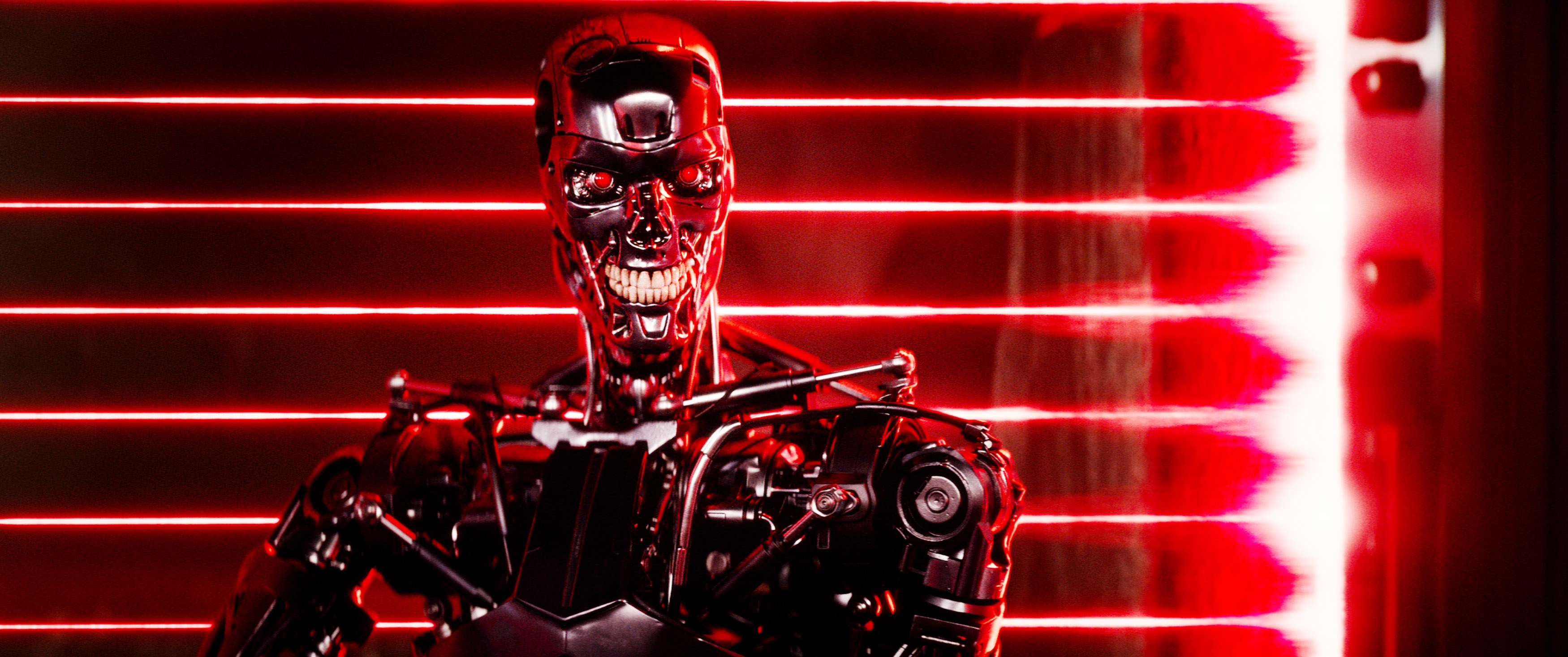 A shot of a T-800 endoskeleton in front of an array of lasers from TERMINATOR GENISYS