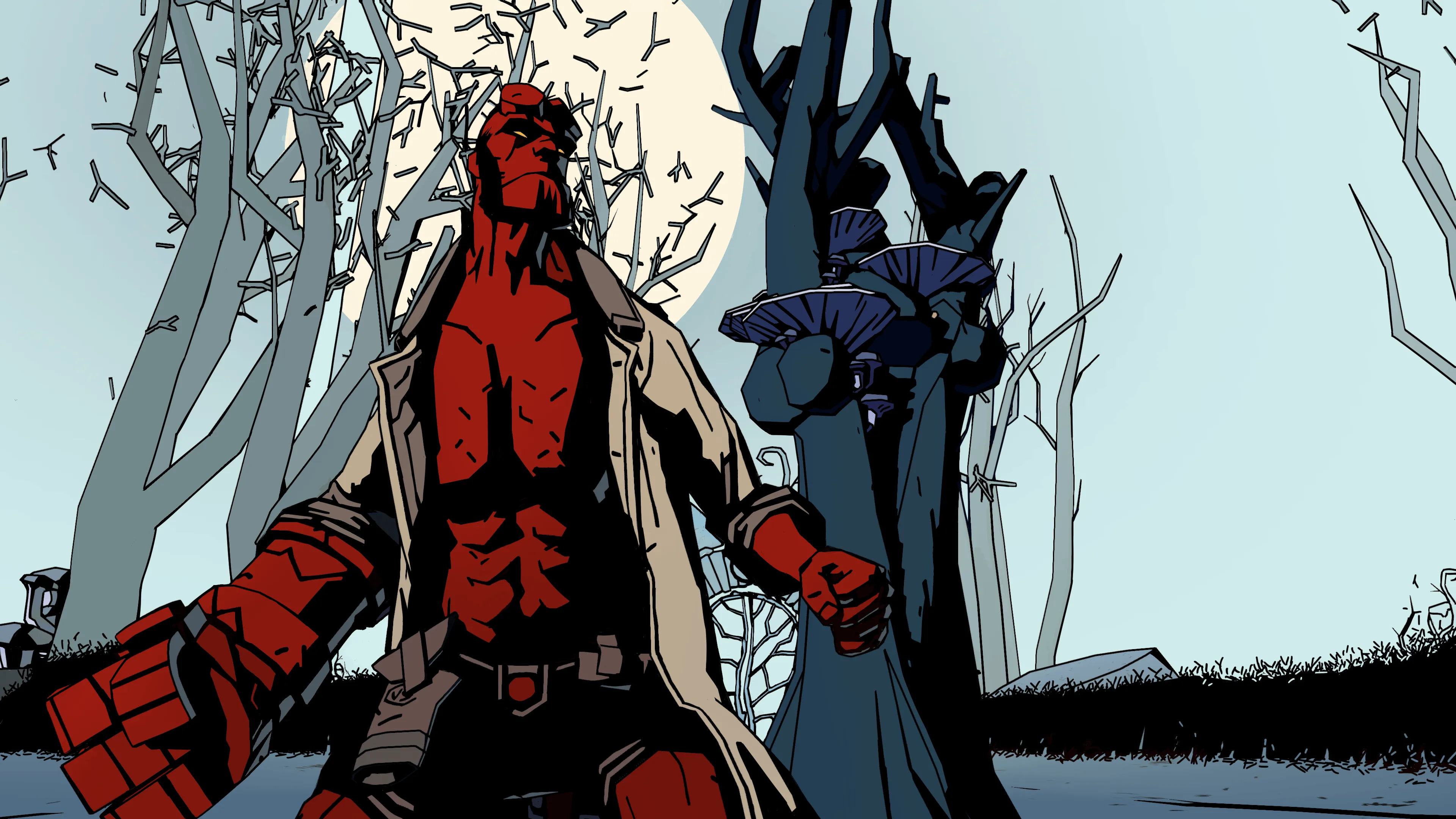 Hellboy standing in a forest in Hellboy Web of Wryd.