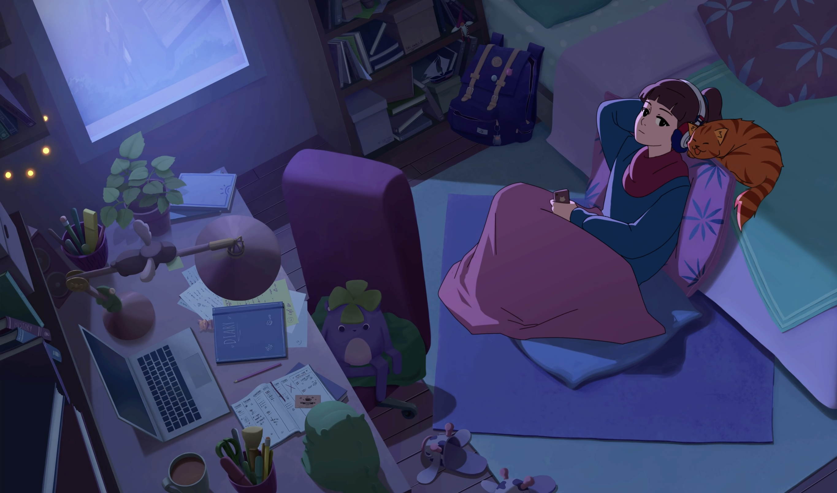 Lofi Girl sitting on the floor of her bedroom with the cat on the bed near her head
