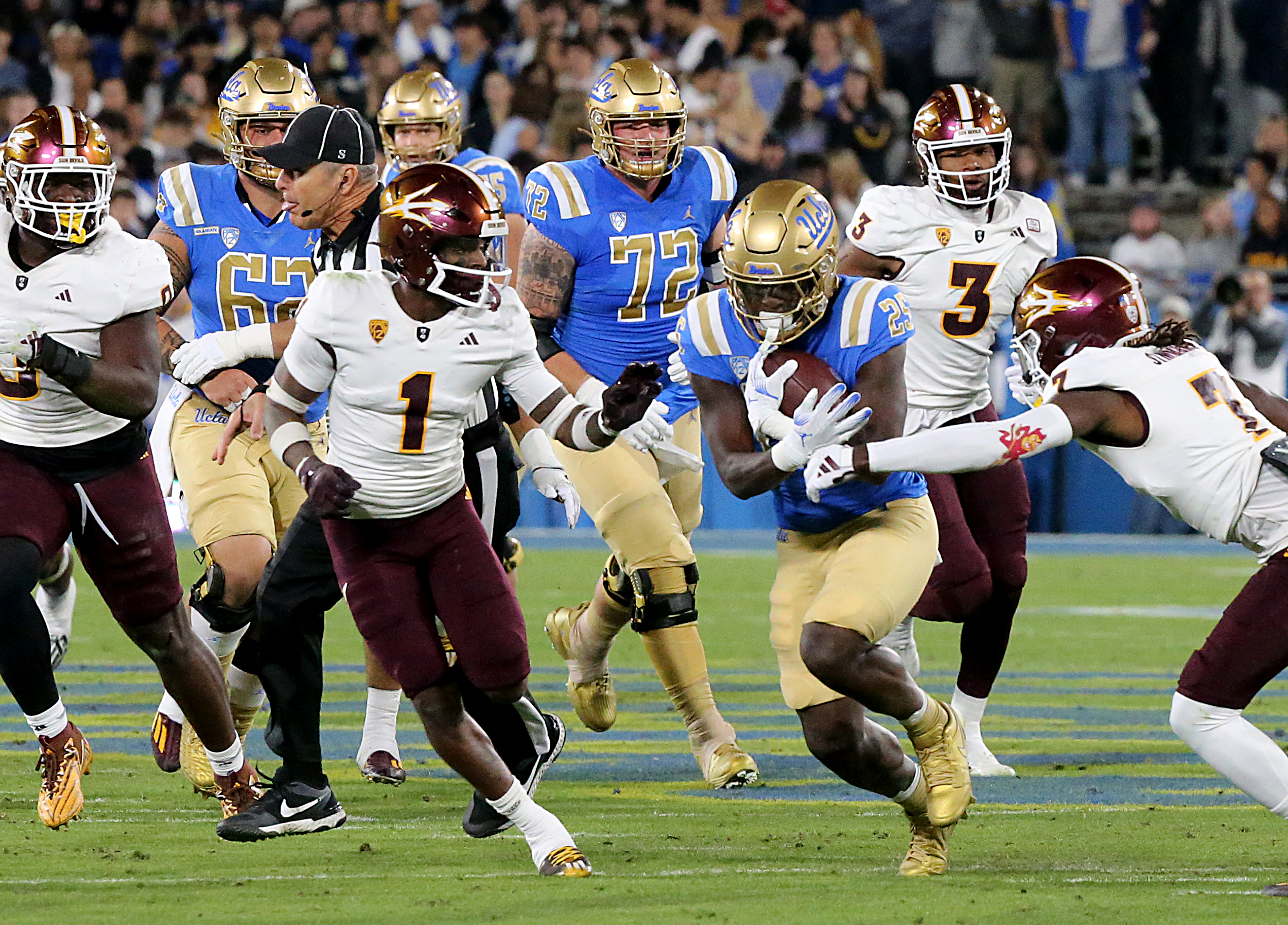 UCLA Bruins play the Arizona State Sun Devils in a Pac-12 Conference football game at the Rose Bowl in Pasadena on Saturday night, Nov. 11, 2023.