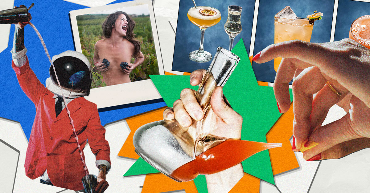 A collage including a person in an astronaut helmet pouring a cocktail, hands squeezing a lemon peel, and various cocktails 