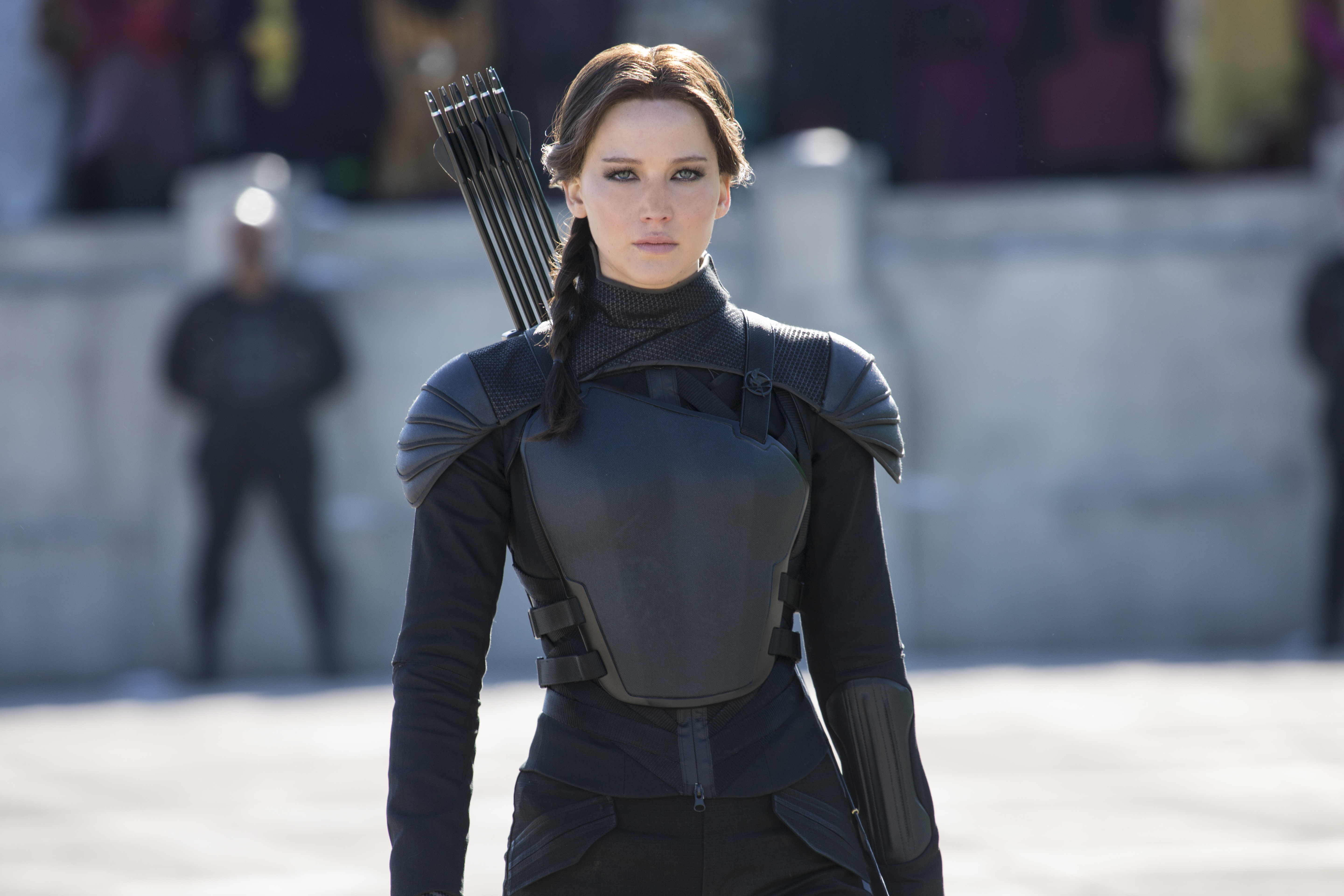 Katniss as played by Jennifer Lawrence, looking particularly deadly as she marches across ready to execute President Snow