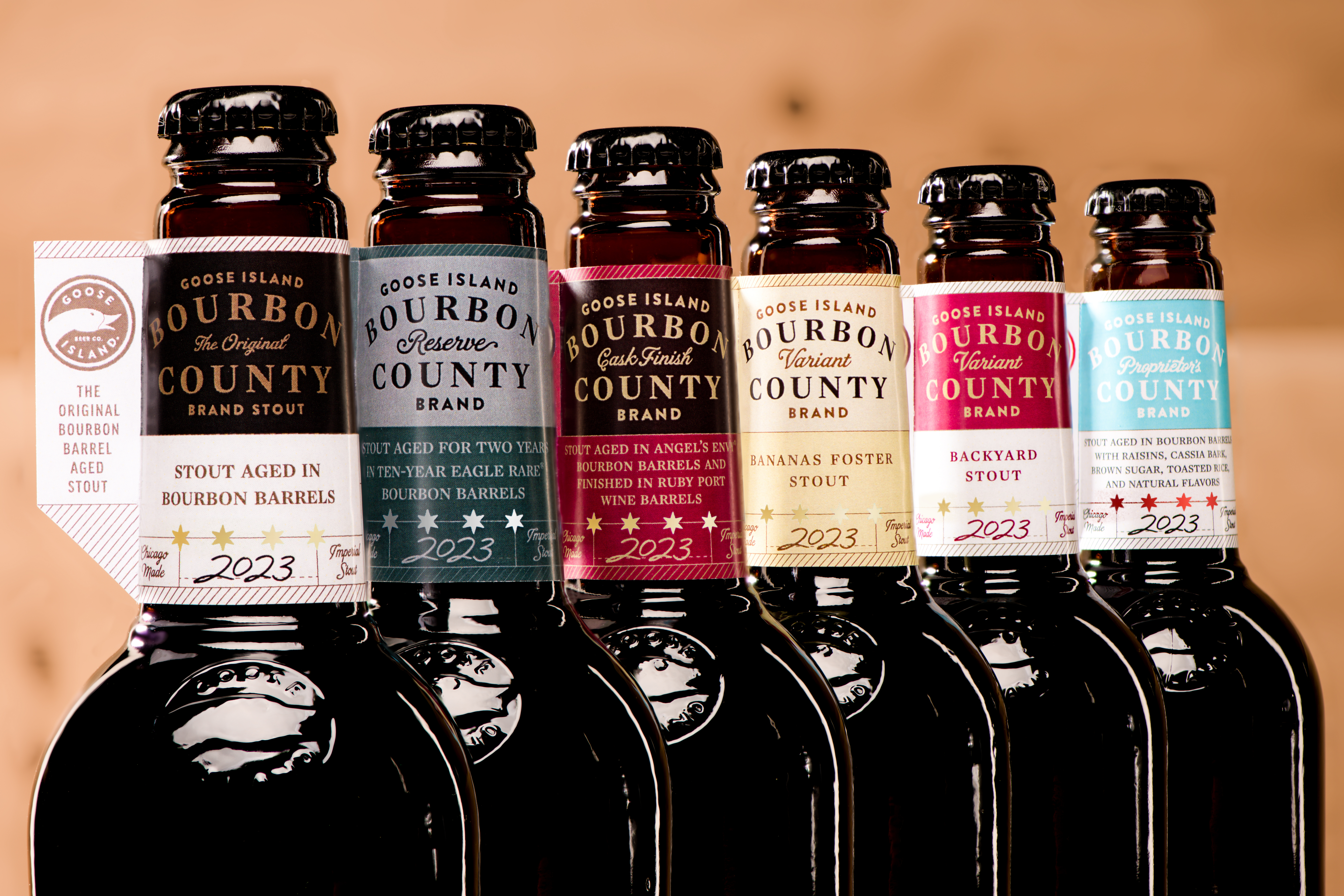 The full lineup of Goose Island’s Bourbon County brand stouts.