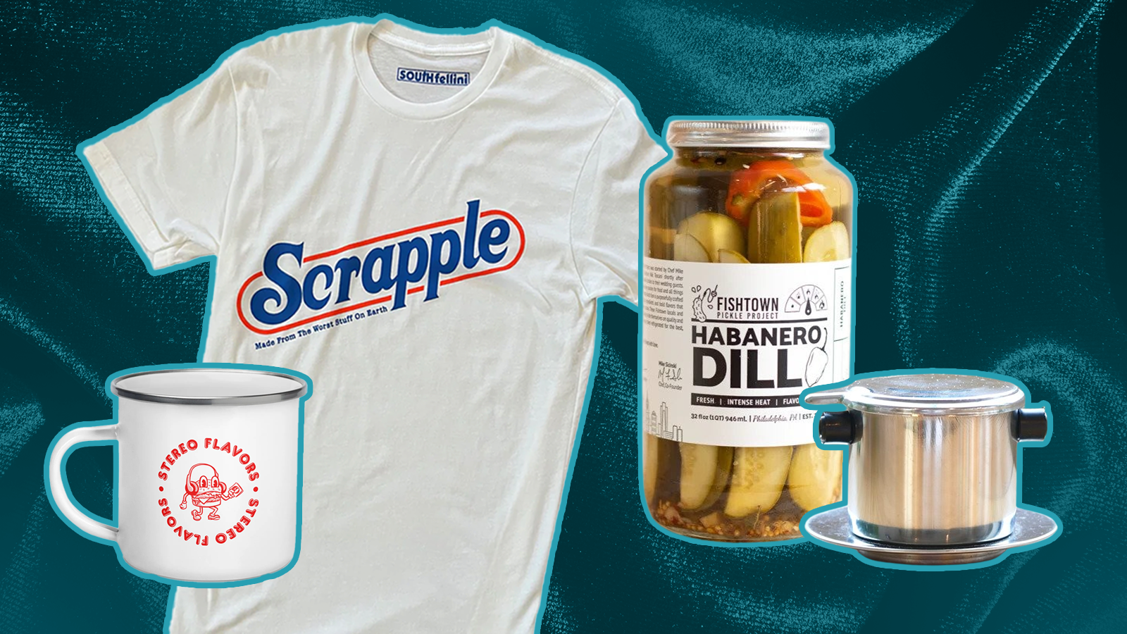 A t-shirt, coffee mug, jar of pickles, and presser