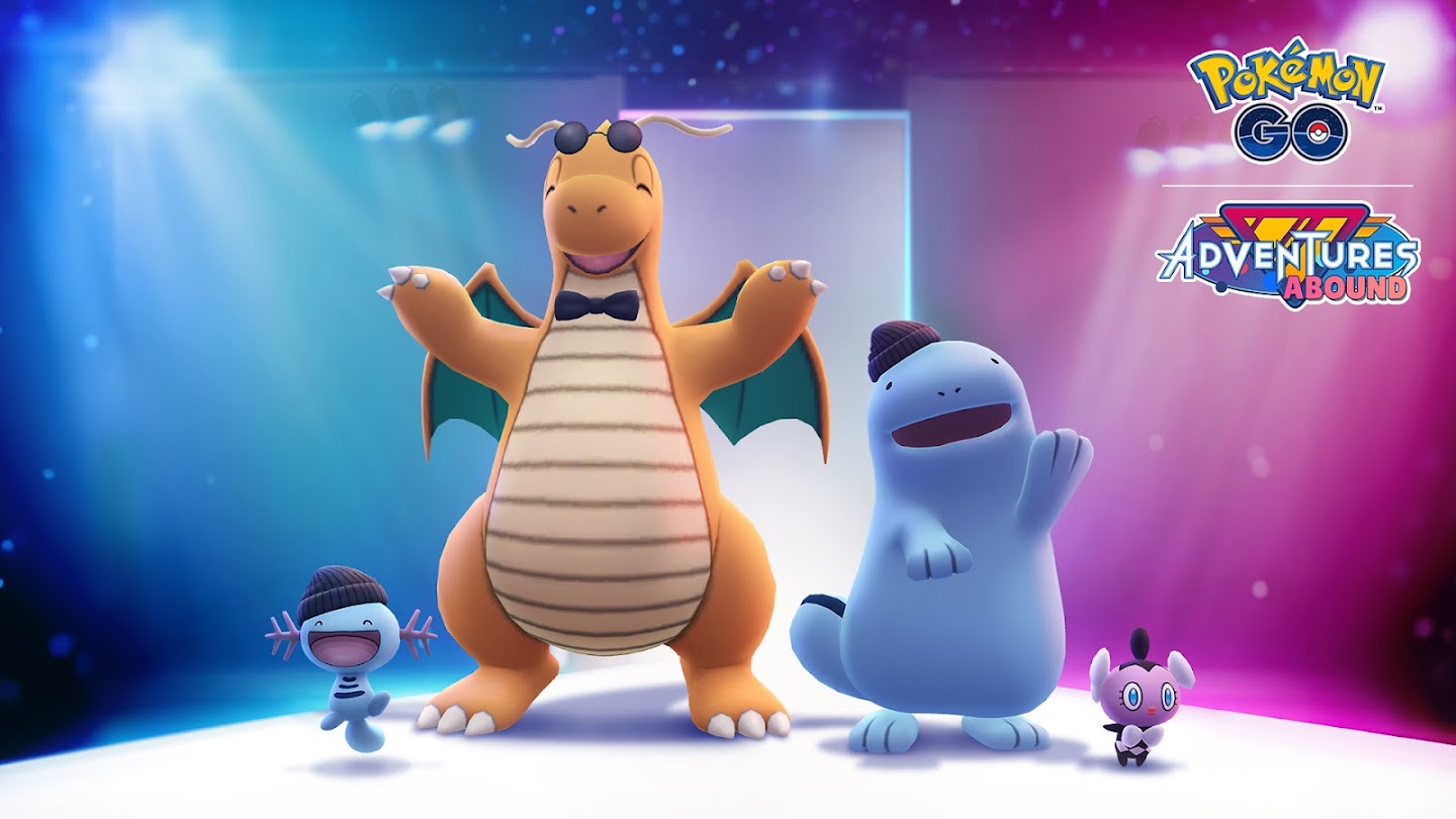 Wooper, Quagsire, and Dragonite in outfits on a walkway in Pokémon Go