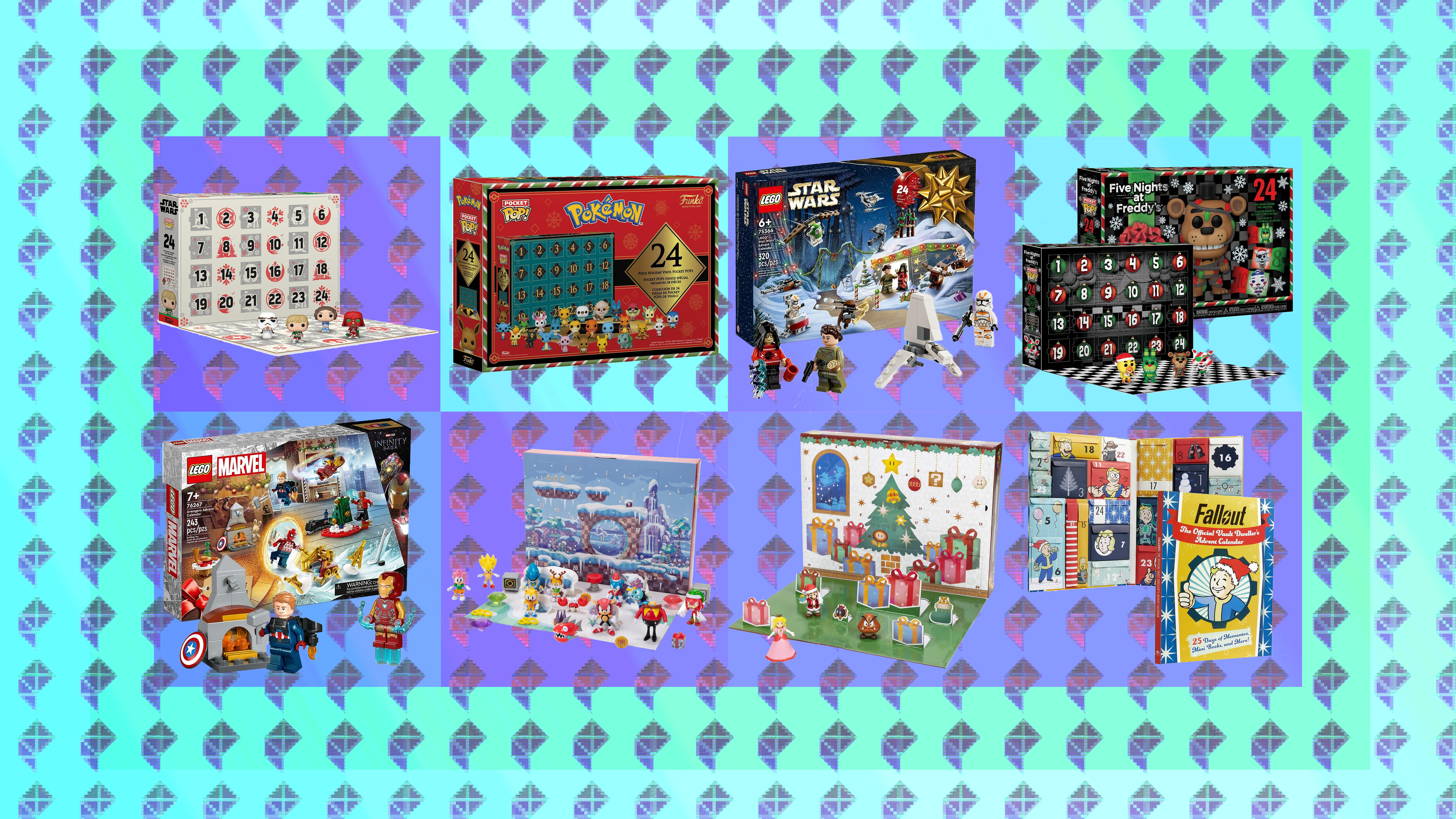 A composite image using stock photos of eight of the products featured in the Best Nerdy Advent Calendars.