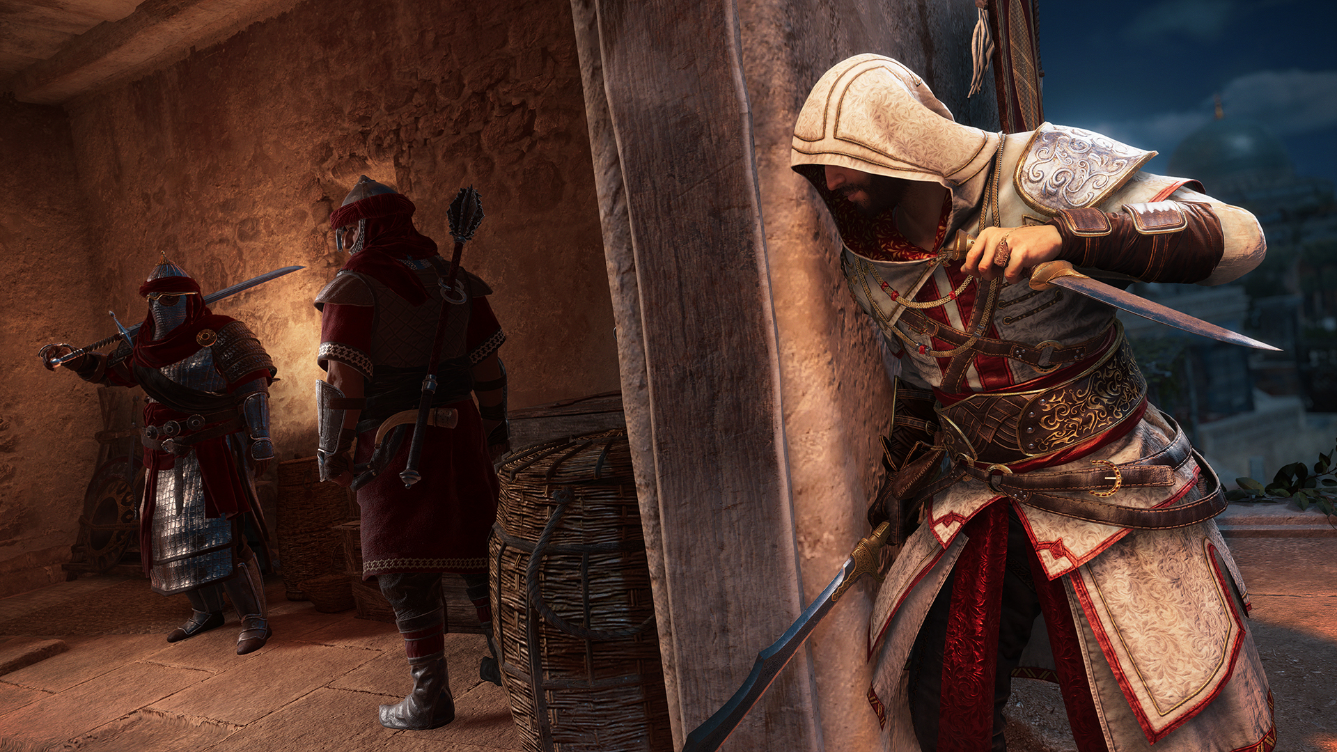 Basim, from Assassin’s creed Mirage, looking around a corner with his sword and dagger at the ready. On the left two guards are seen keeping watch.