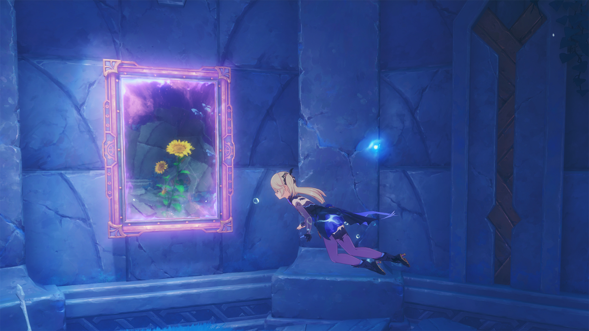 A character with blond hair flies into a purple mirror in Genshin Impact.