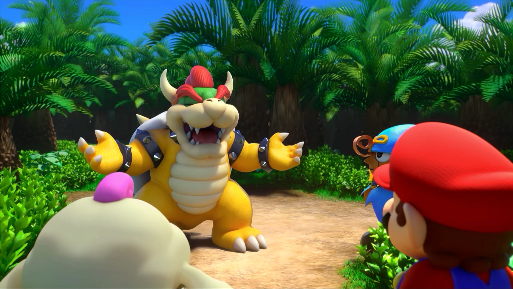 Bowser talks to Mallow, Geno, and Mario in Super Mario RPG.