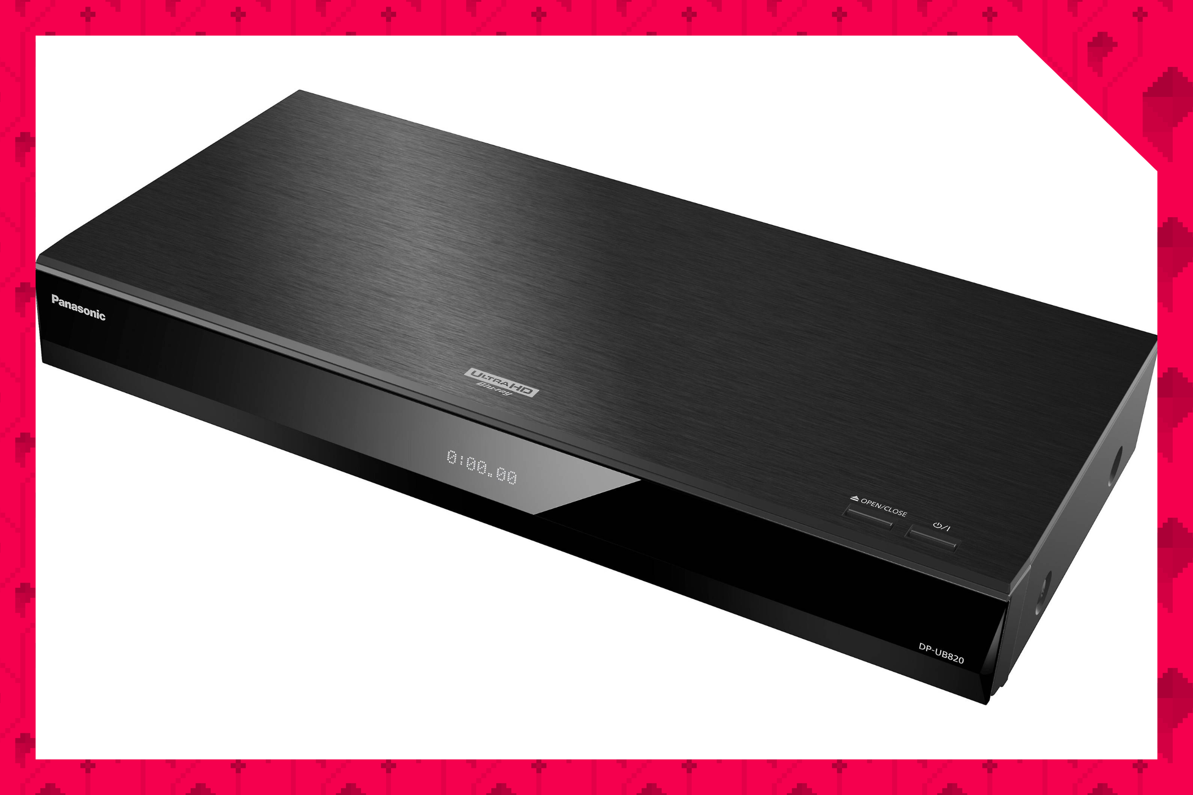 A photo of the Panasonic DP-UB820 4K Blu-ray player wrapped in pink Polygon logos.