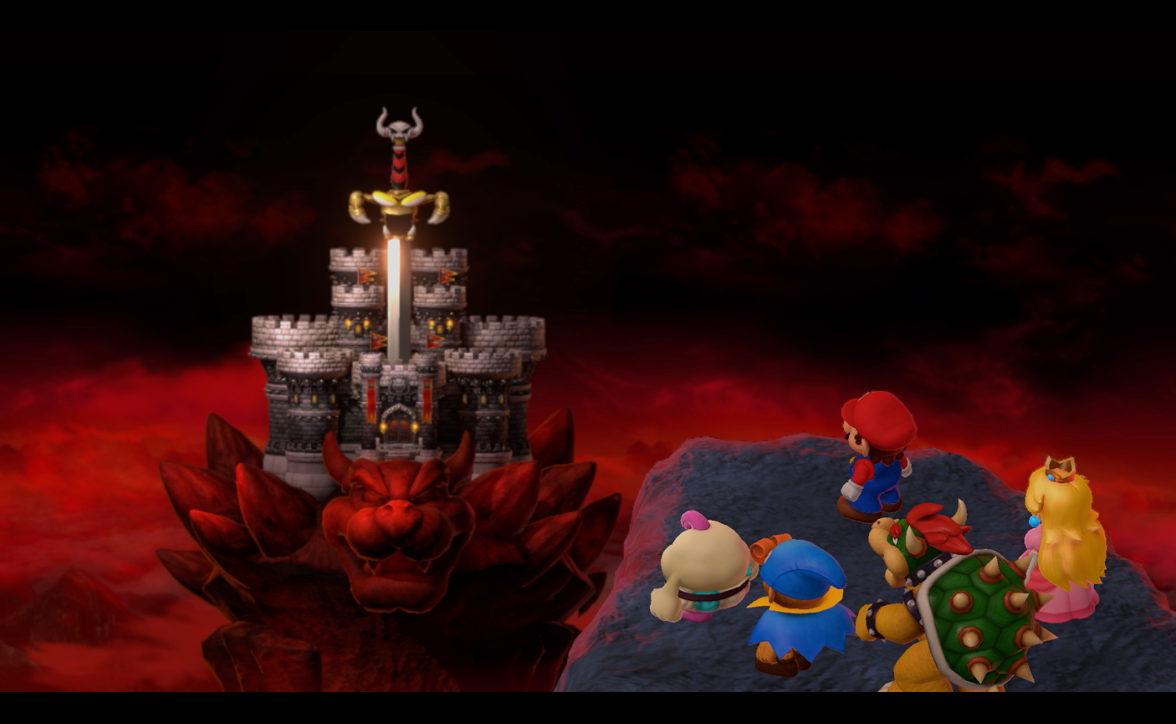 Mario and the rest of the Super Mario RPG gang looks ahead towards Bowser’s Castle with Exor in it