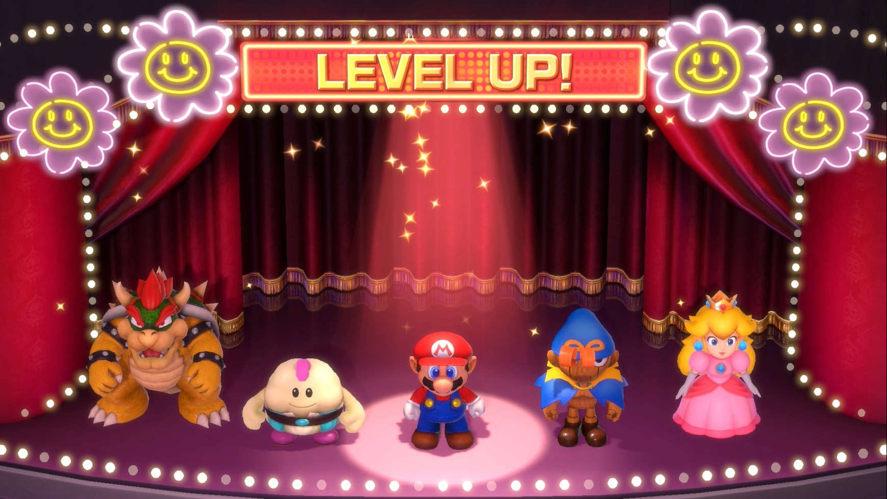 The level up screen in Super Mario RPG, which shows the whole cast on a stage with a spotlight