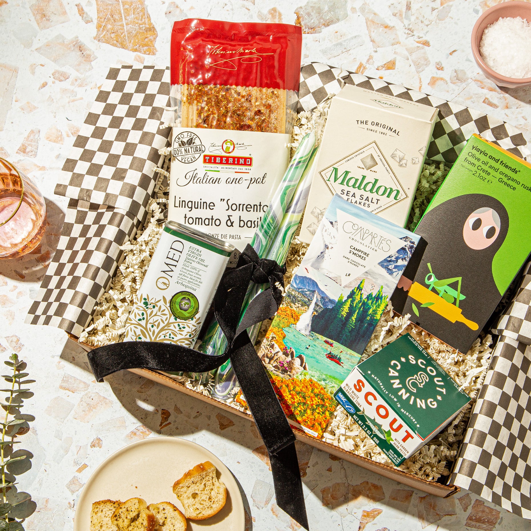 A box of gourmet pantry items.