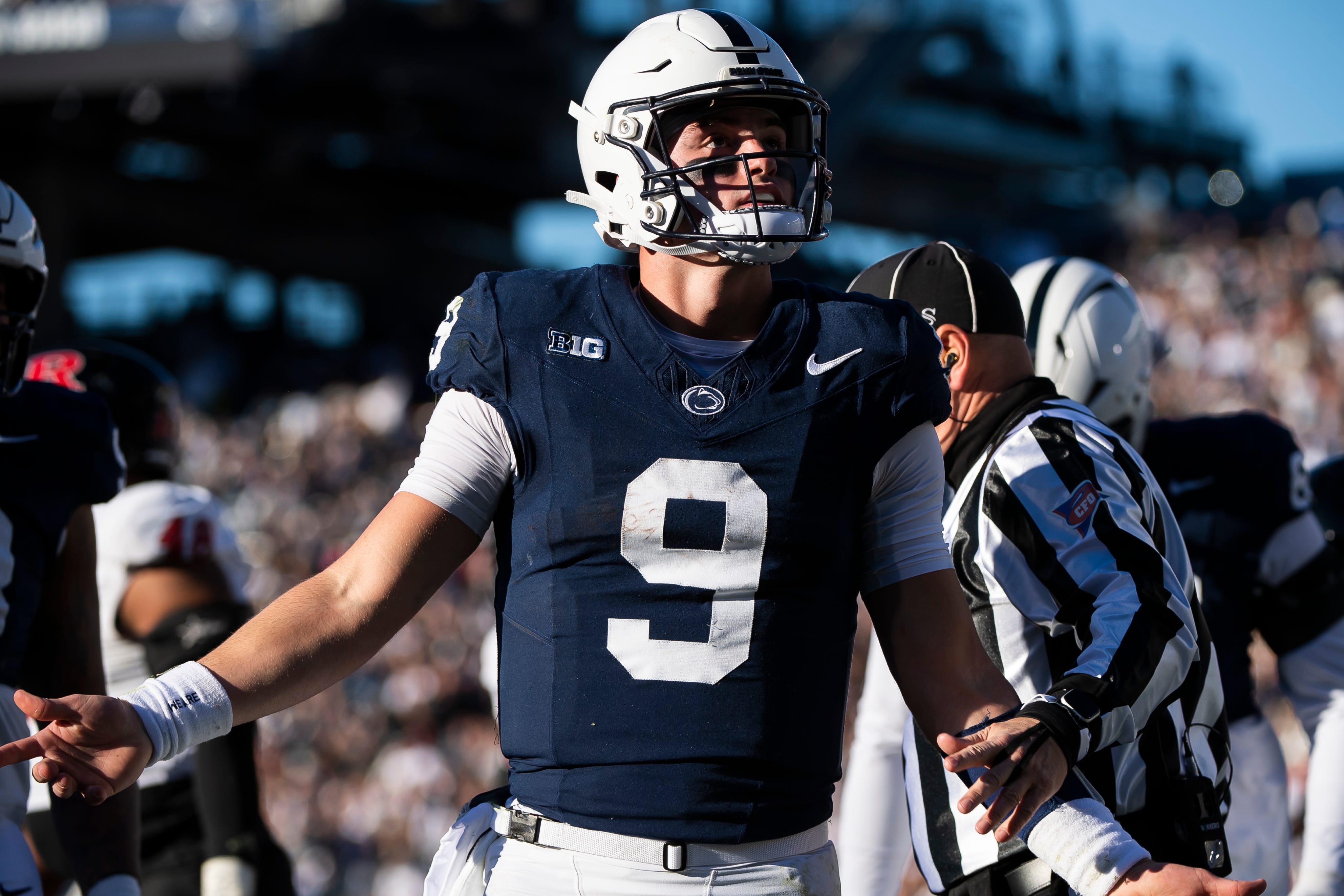 Penn State quarterback Beau Pribula celebrates after scoring a touchdown in the second half of an NCAA football game against Rutgers Saturday, Nov. 18, 2023, in State College, Pa.