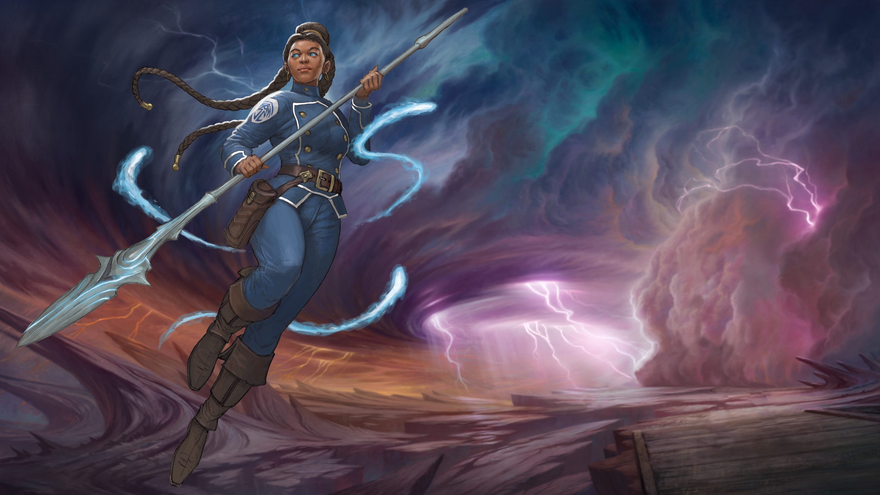 A woman flies through the air holding a glimmering silver staff. Behind her stormclouds roil in the distance, arcing down lighting.