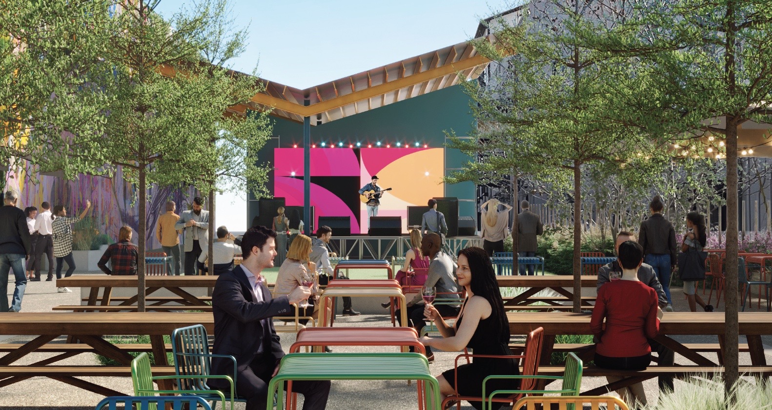 courtyard and live music stage rendering at Block and Drum in Chamblee, GA. 