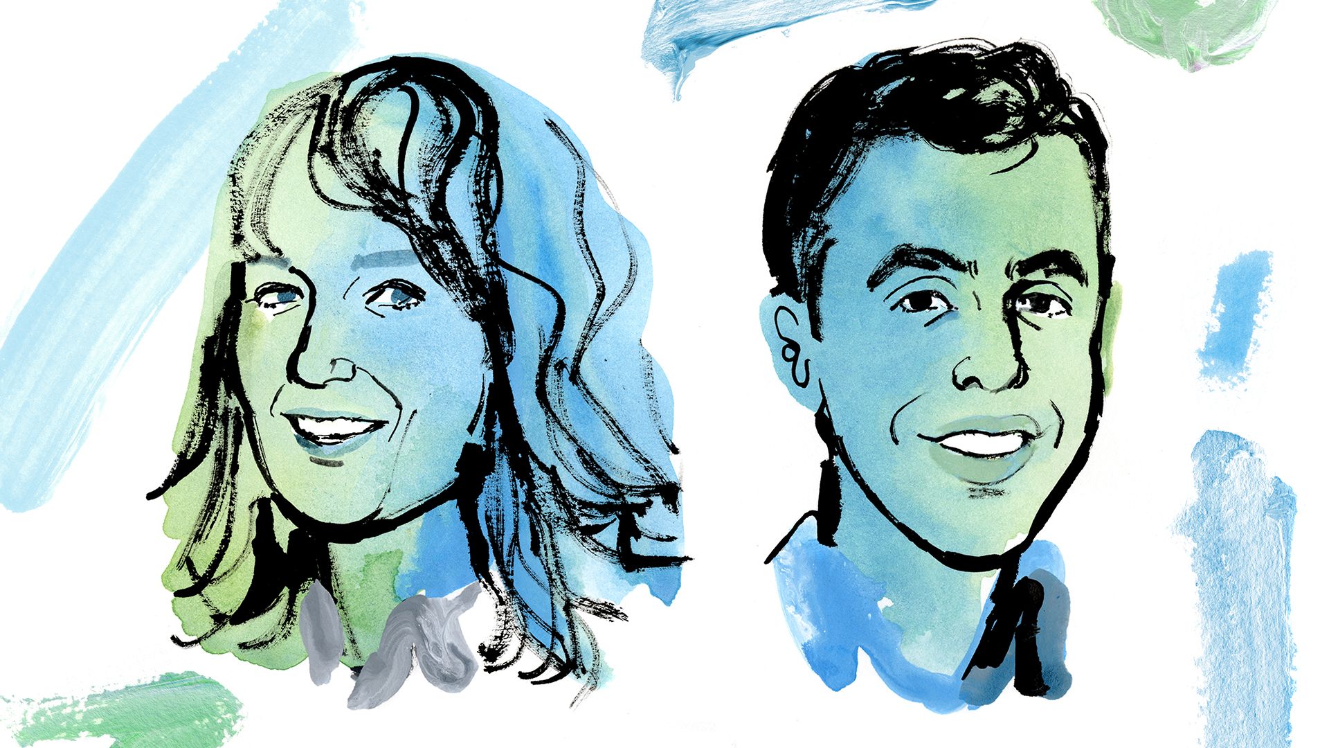 Illustrated portraits of Paul Christiano and Beth Barnes