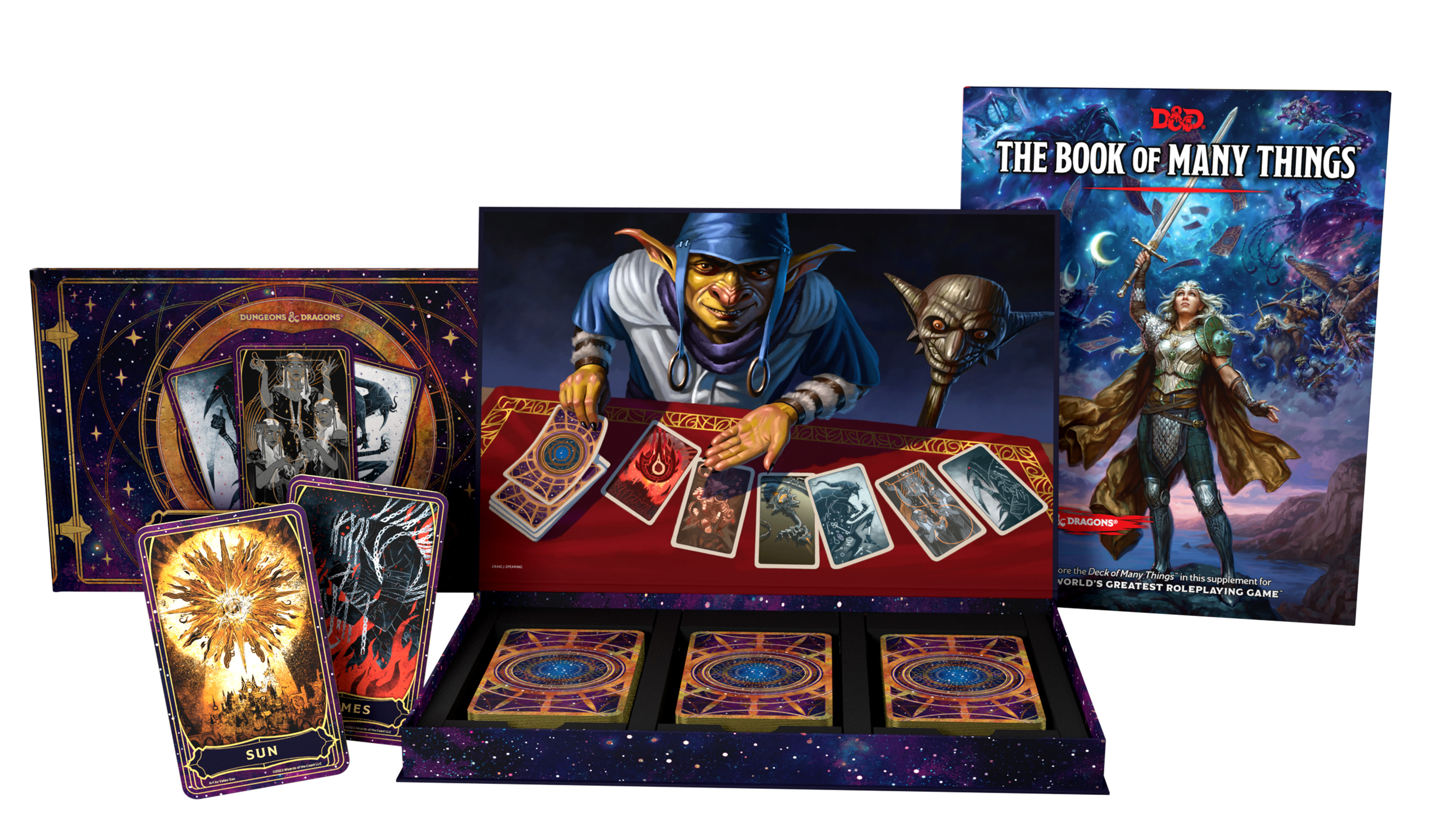 A product shot of The Deck of Many Things, which includes a slipcase with a goblin shaman on the inside. The cards are tarot-sized.
