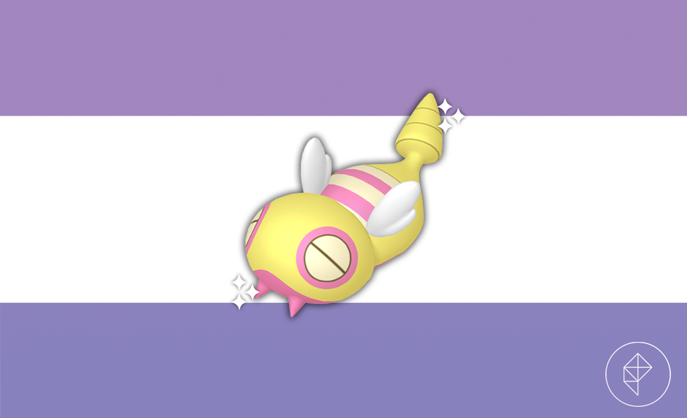 Shiny Dunsparce on a purple gradient background with sparkles around it