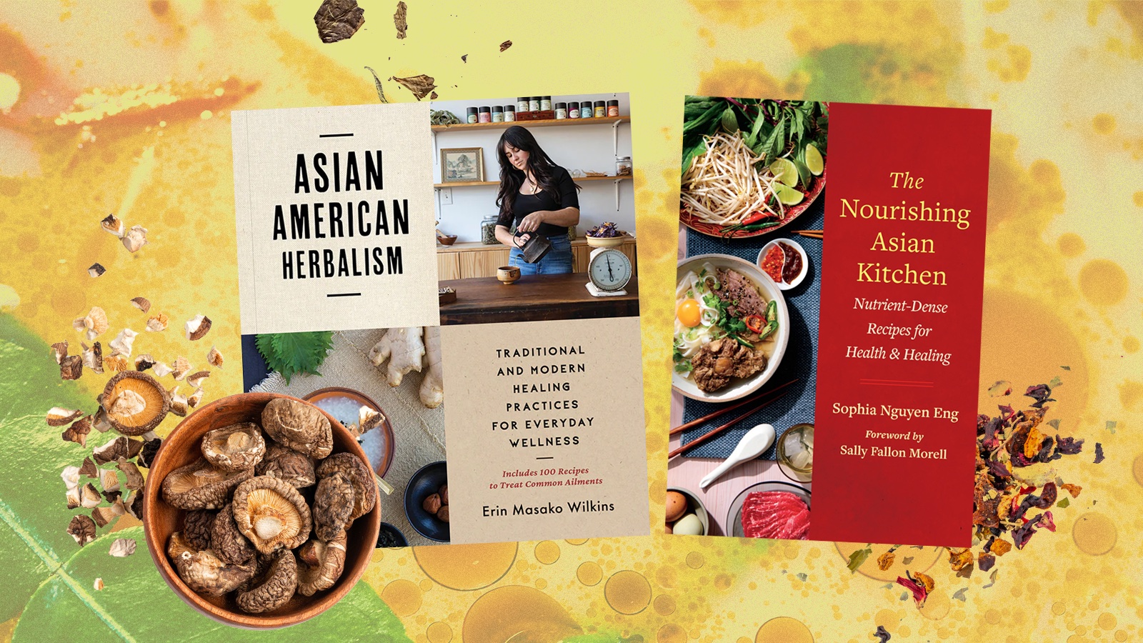 The covers of Asian American Herbalism and The Nourishing Asian Kitchen. Photo illustration. 