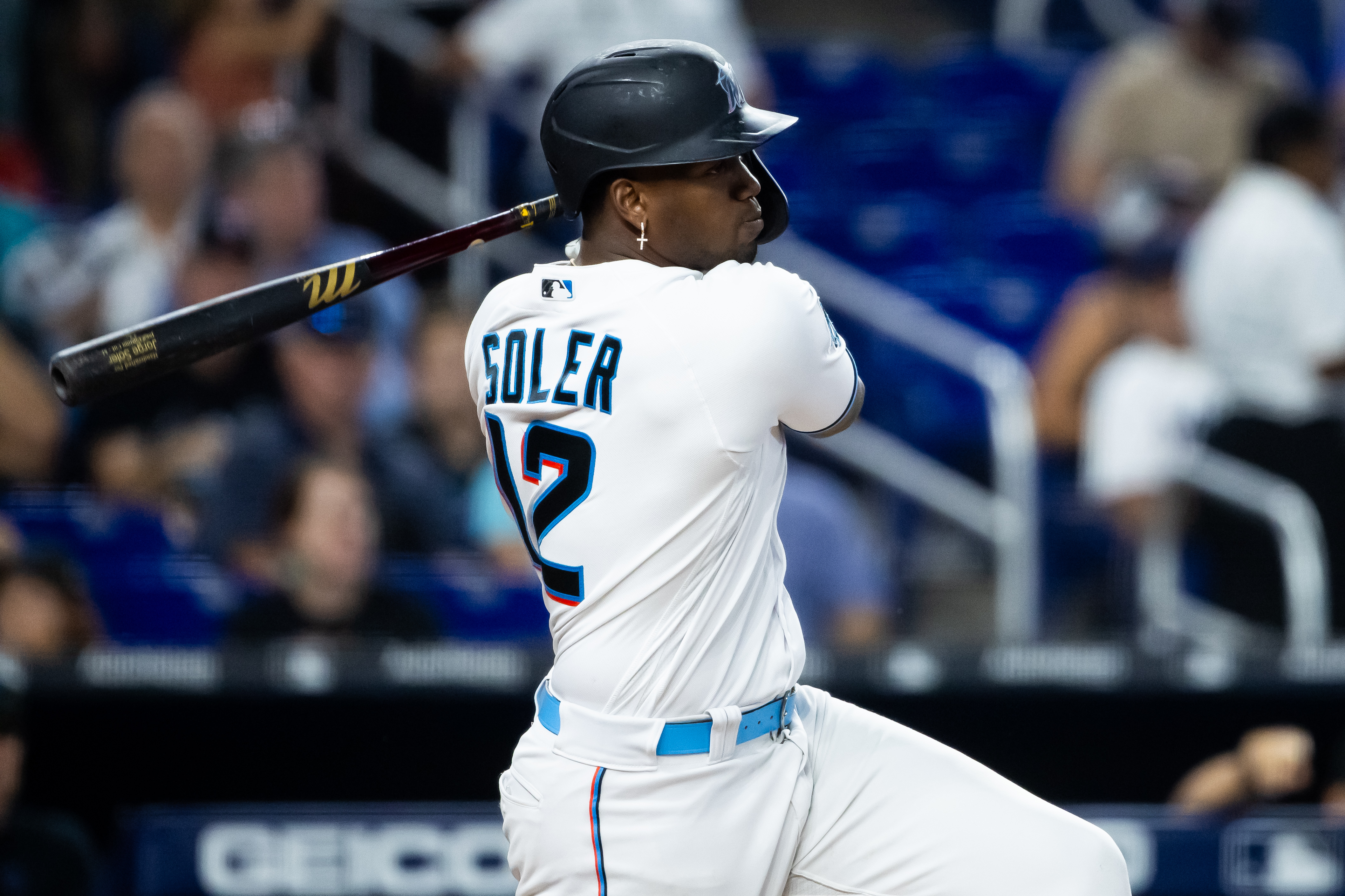 Jorge Soler of the Miami Marlins singles in the third inning during the game between the Atlanta Braves and the Miami Marlins at loanDepot park on Sunday, September 17, 2023 in Miami, Florida.