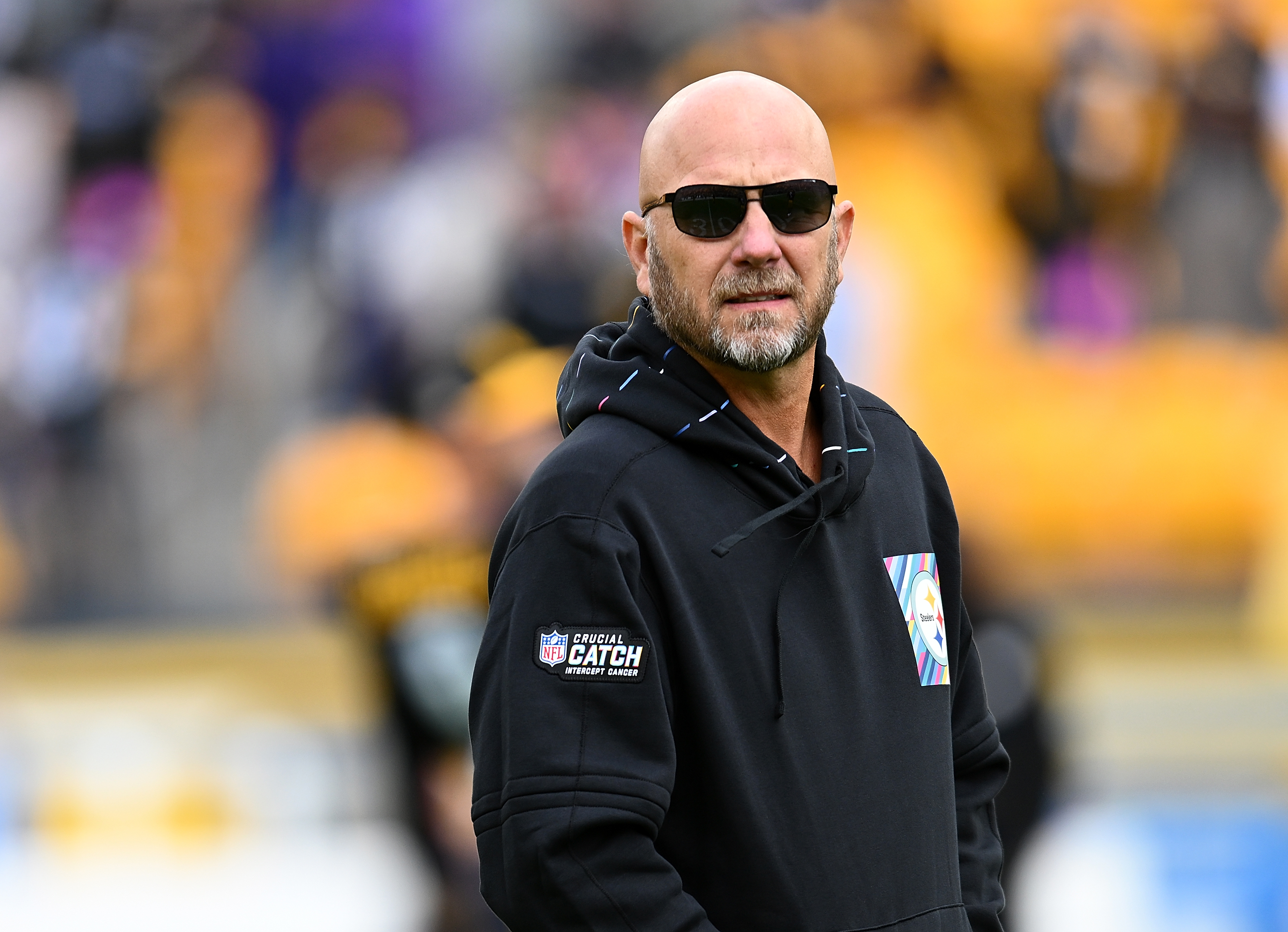Offensive coordinator Matt Canada of the Pittsburgh Steelers looks on during the game against the Baltimore Ravens at Acrisure Stadium on October 8, 2023 in Pittsburgh, Pennsylvania.