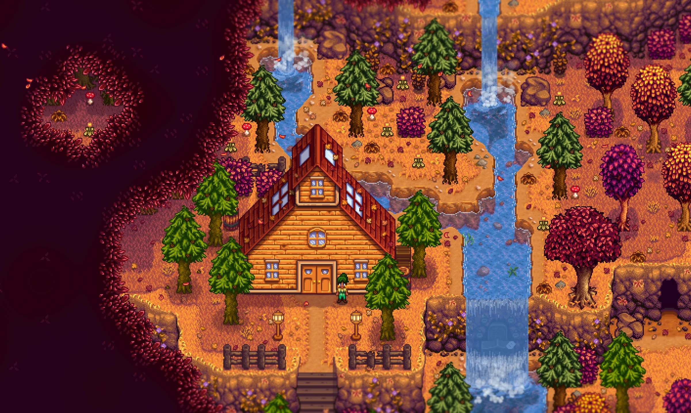 A screenshot from the Stardew Valley Expanded mod, showing a farmer in front of a home with a river and waterfall to the right.