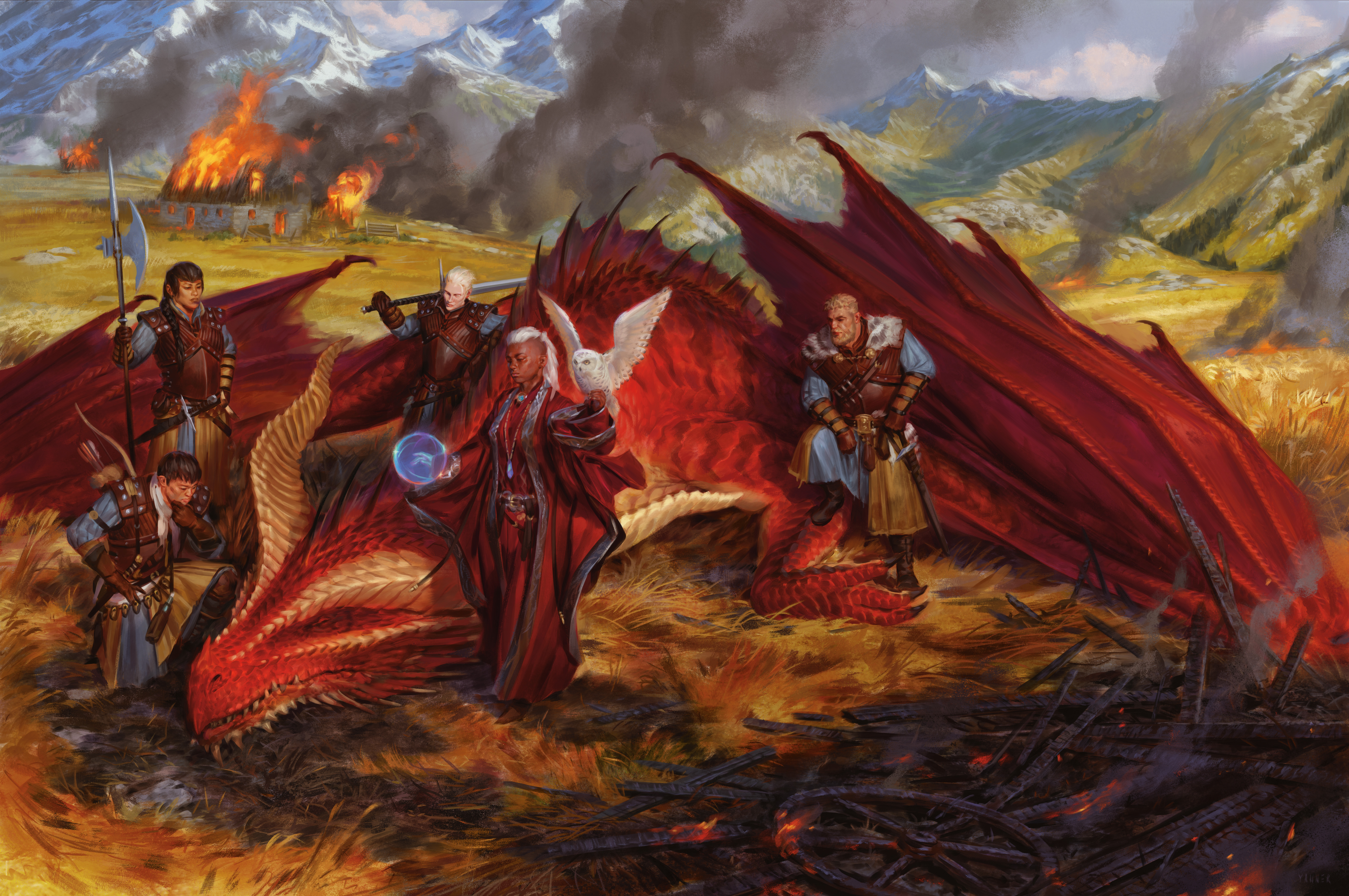 A party of adventurers poses for a... a painting?... next to their freshly captured red dragon.