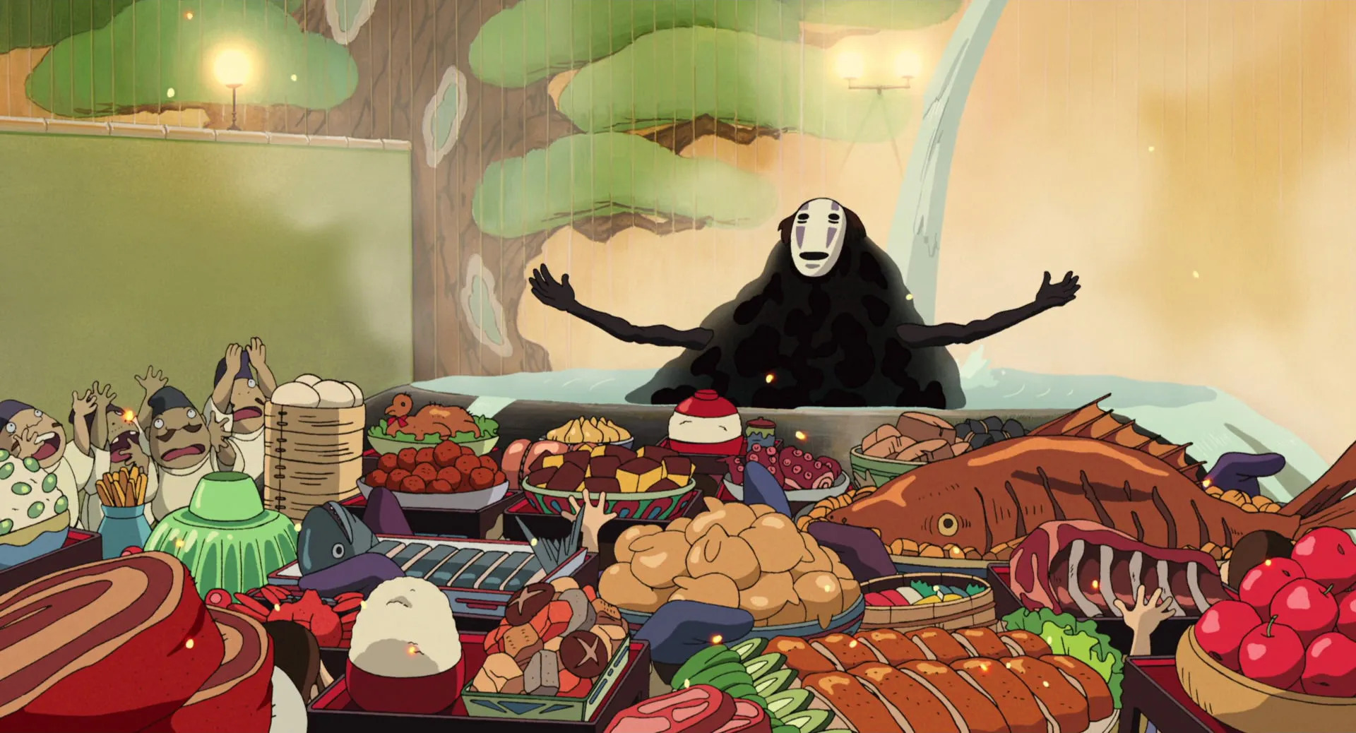 No-Face gloating over a floating table of food in Spirited Away.