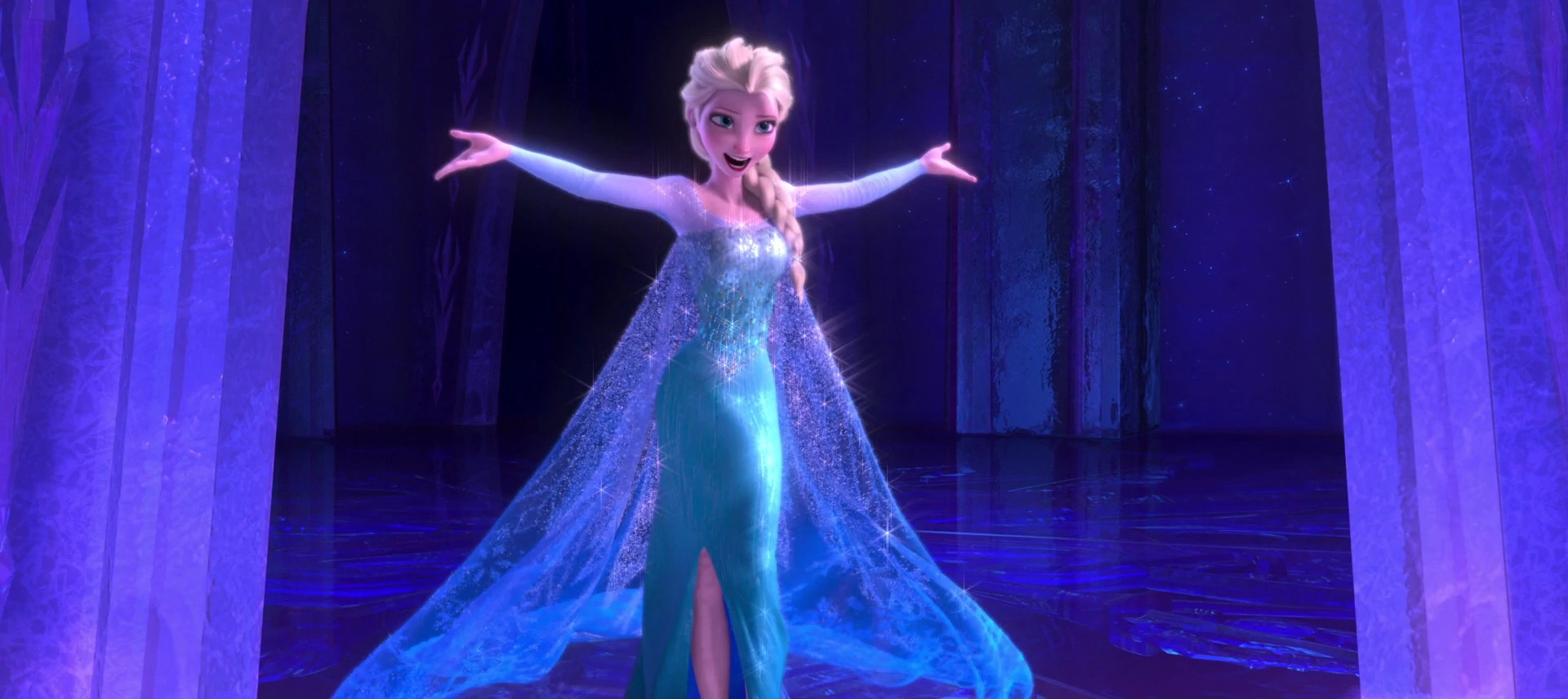elsa sashaying in her icy blue dress, holding her arms out in frozen