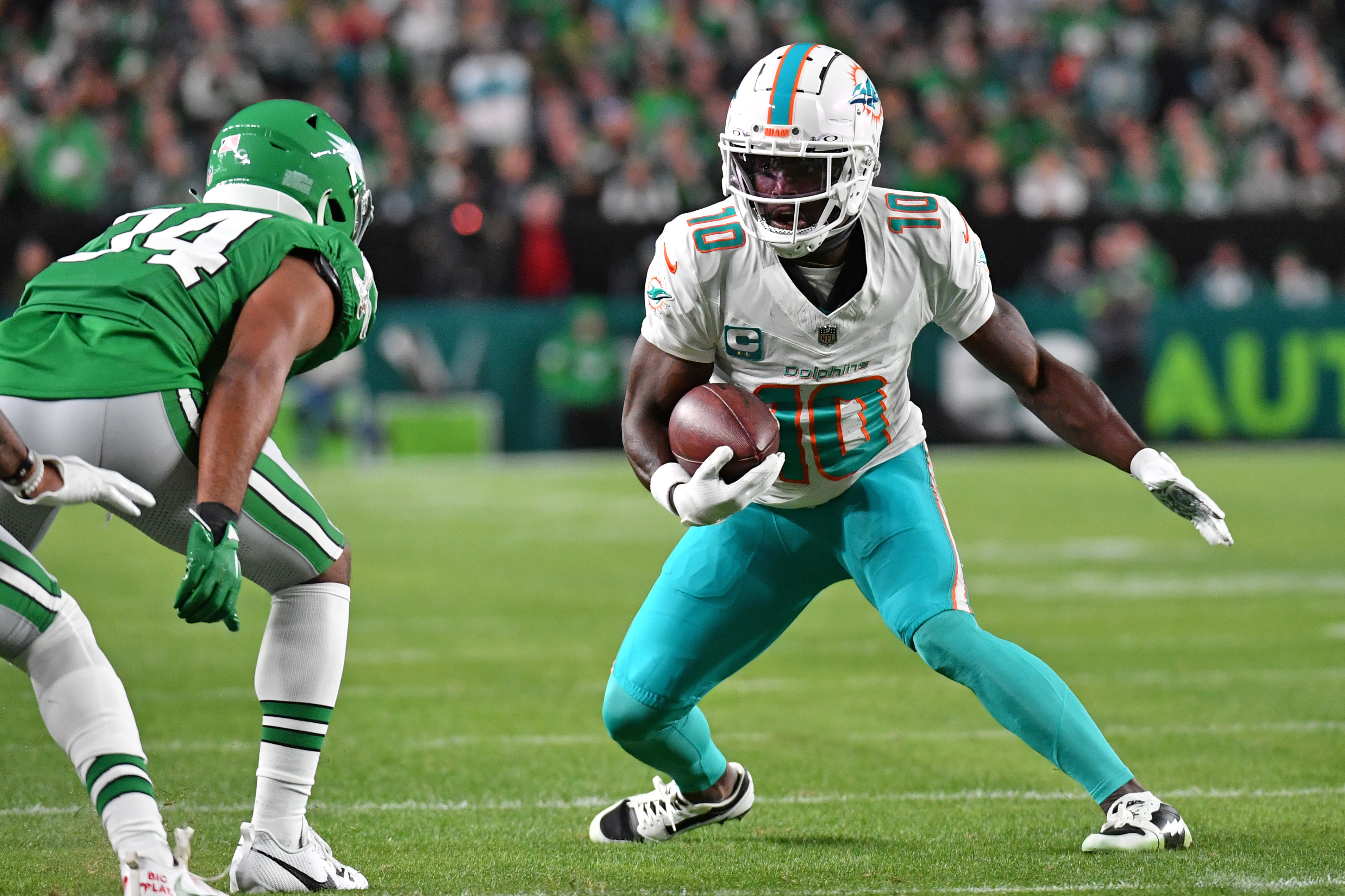Miami Dolphins wide receiver Tyreek Hill (10) is stopped by Philadelphia Eagles cornerback Josiah Scott (34) first quarter at Lincoln Financial Field.
