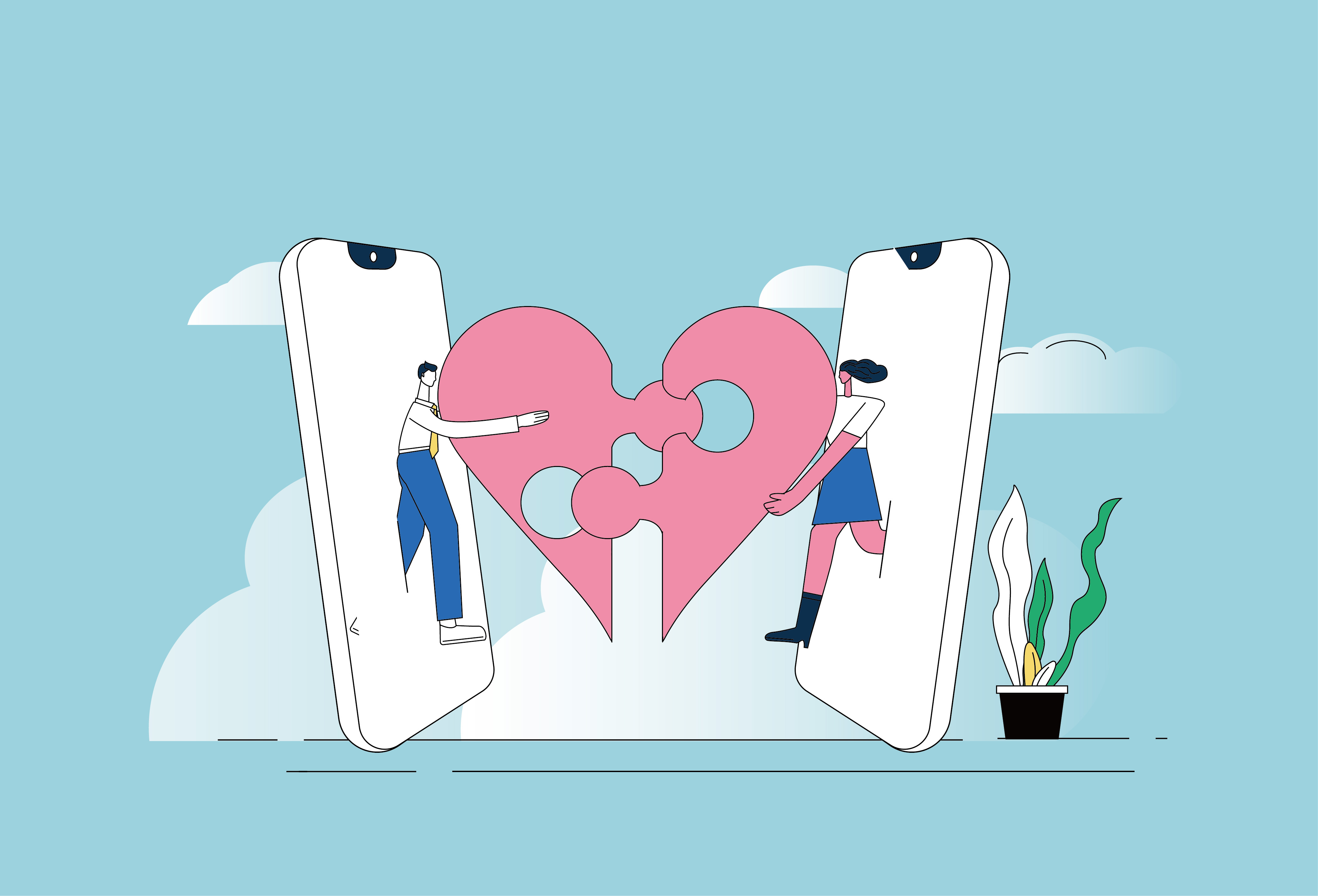 An illustration of a male figure walking out of a large smartphone screen holding half of a puzzle piece shaped like a heart. He reaches toward a woman across from him who is holding the other half of the heart puzzle piece. She also emerges from a smartphone screen.