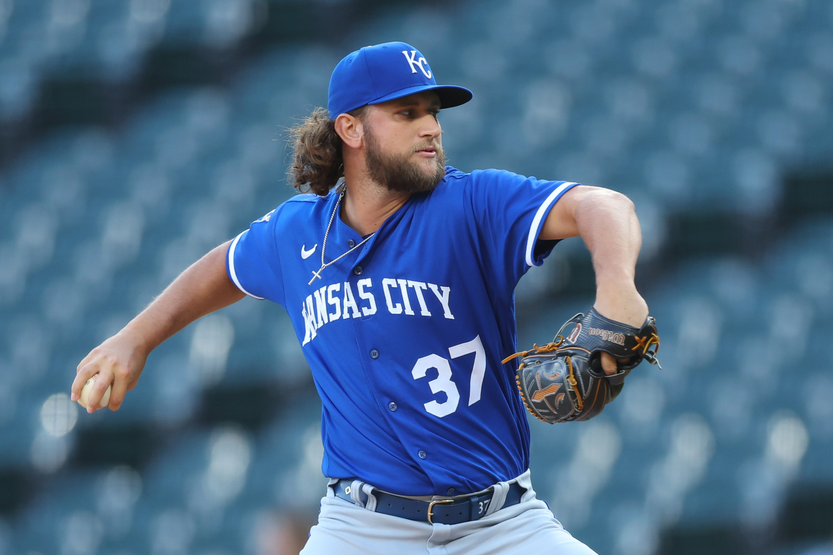 Jackson Kowar #37 of the Kansas City Royals delivers a pitch during the sixth inning against the Chicago White Sox at Guaranteed Rate Field on September 12, 2023 in Chicago, Illinois.