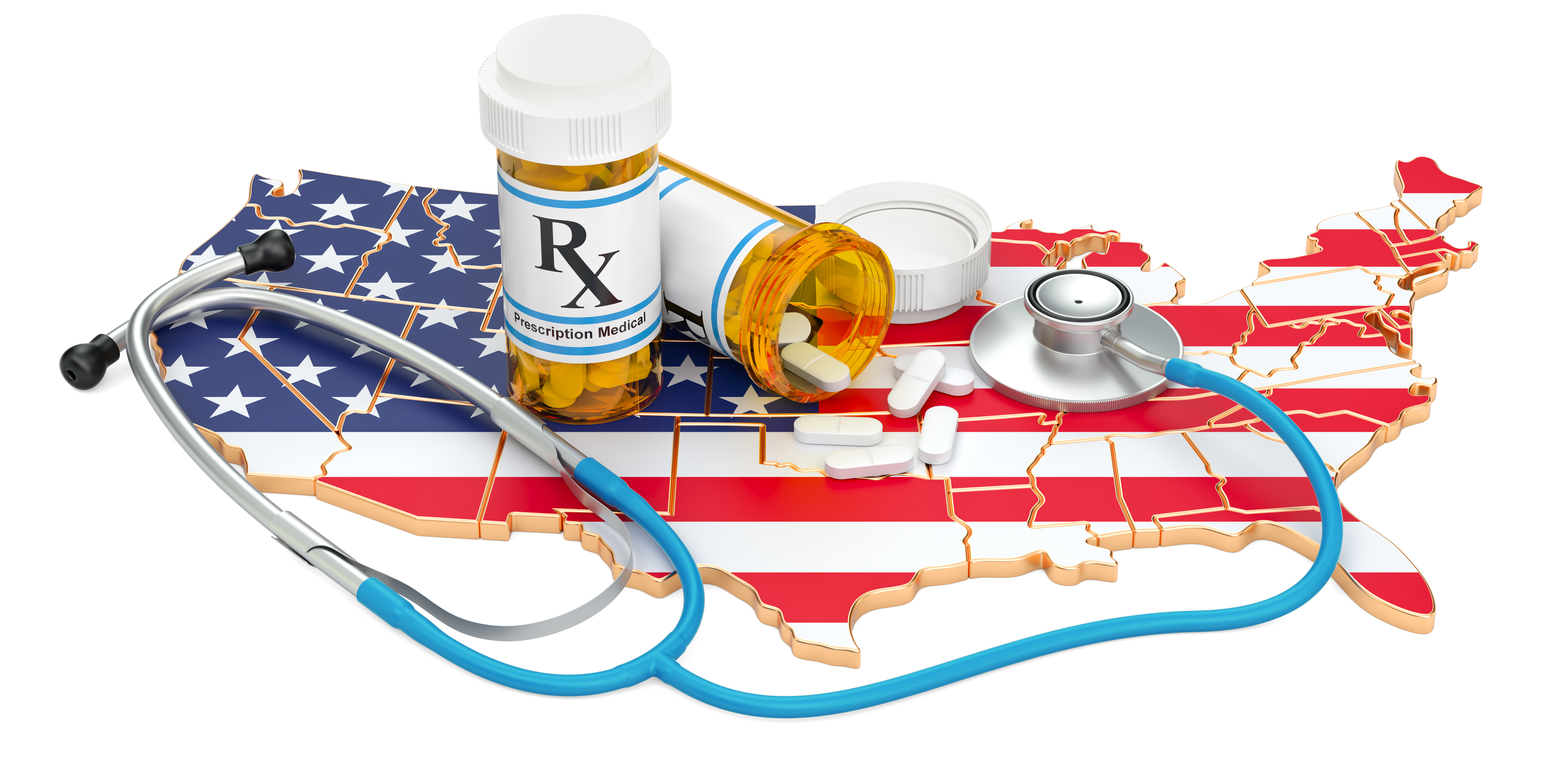 Stock photo illustration of prescription pill bottles and a stethoscope on top of a puzzle of the United States painted in the American flag.