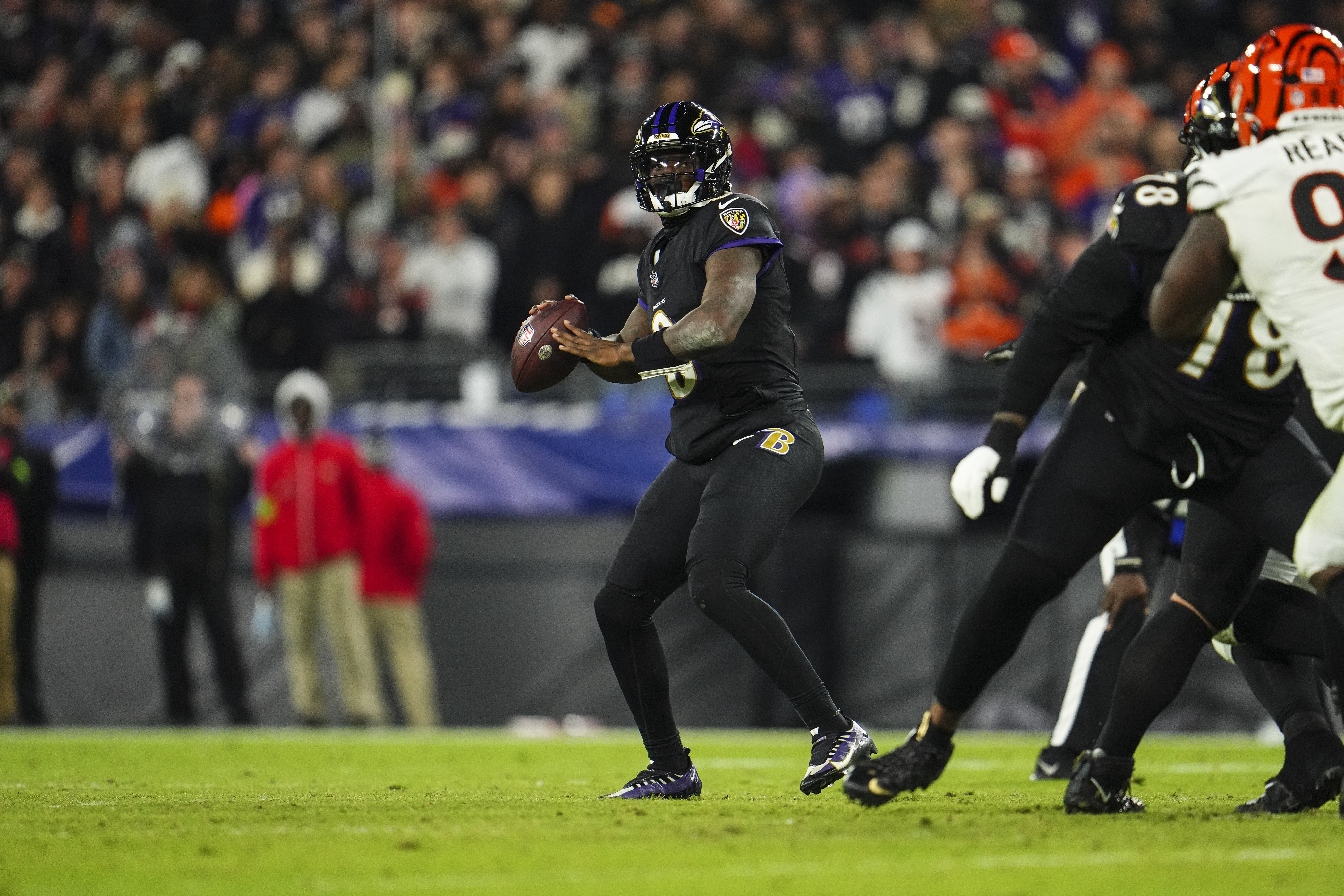 Lamar Jackson of the Baltimore Ravens throws the ball during an NFL football game against the Cincinnati Bengals at M&amp;T Bank Stadium on November 16, 2023 in Baltimore, Maryland.