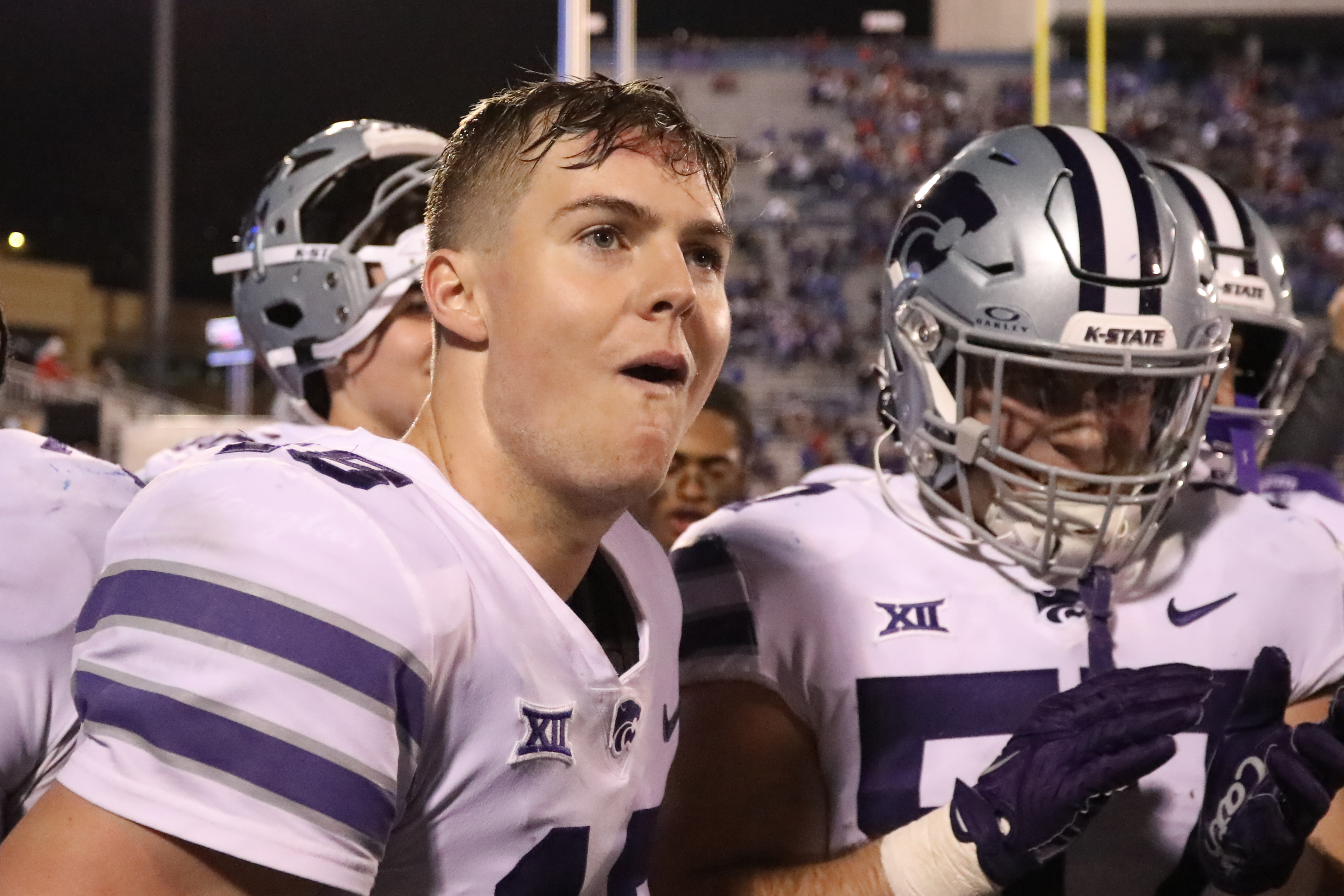 Kansas State Wildcats quarterback Will Howard (18) celebrates after a Big 12 football game between the Kansas State Wildcats and Kansas Jayhawks on Nov 18, 2023 at Memorial Stadium in Lawrence, KS.